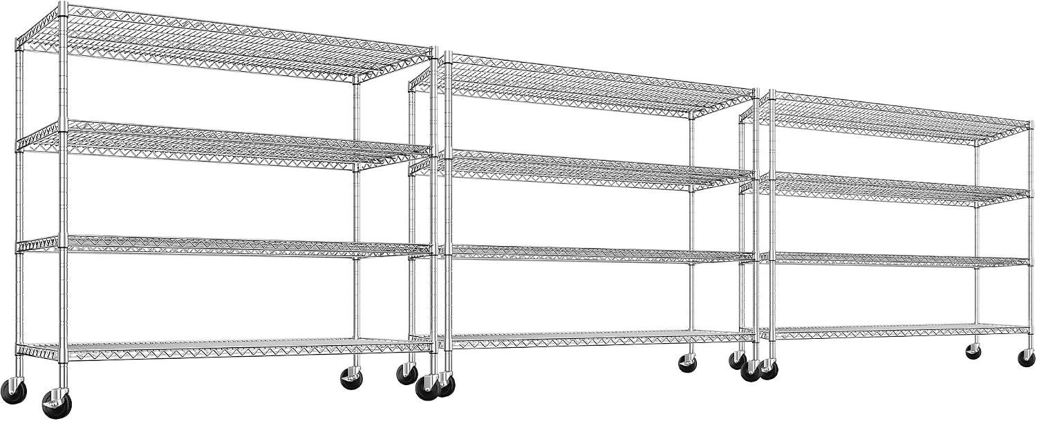 REIBII 2480LBS Capacity Heavy Duty Storage Shelves with Wheels, 1-Inch (25.4mm) Steel Tube, Adjustable Wire Shelving for Garage, Warehouse