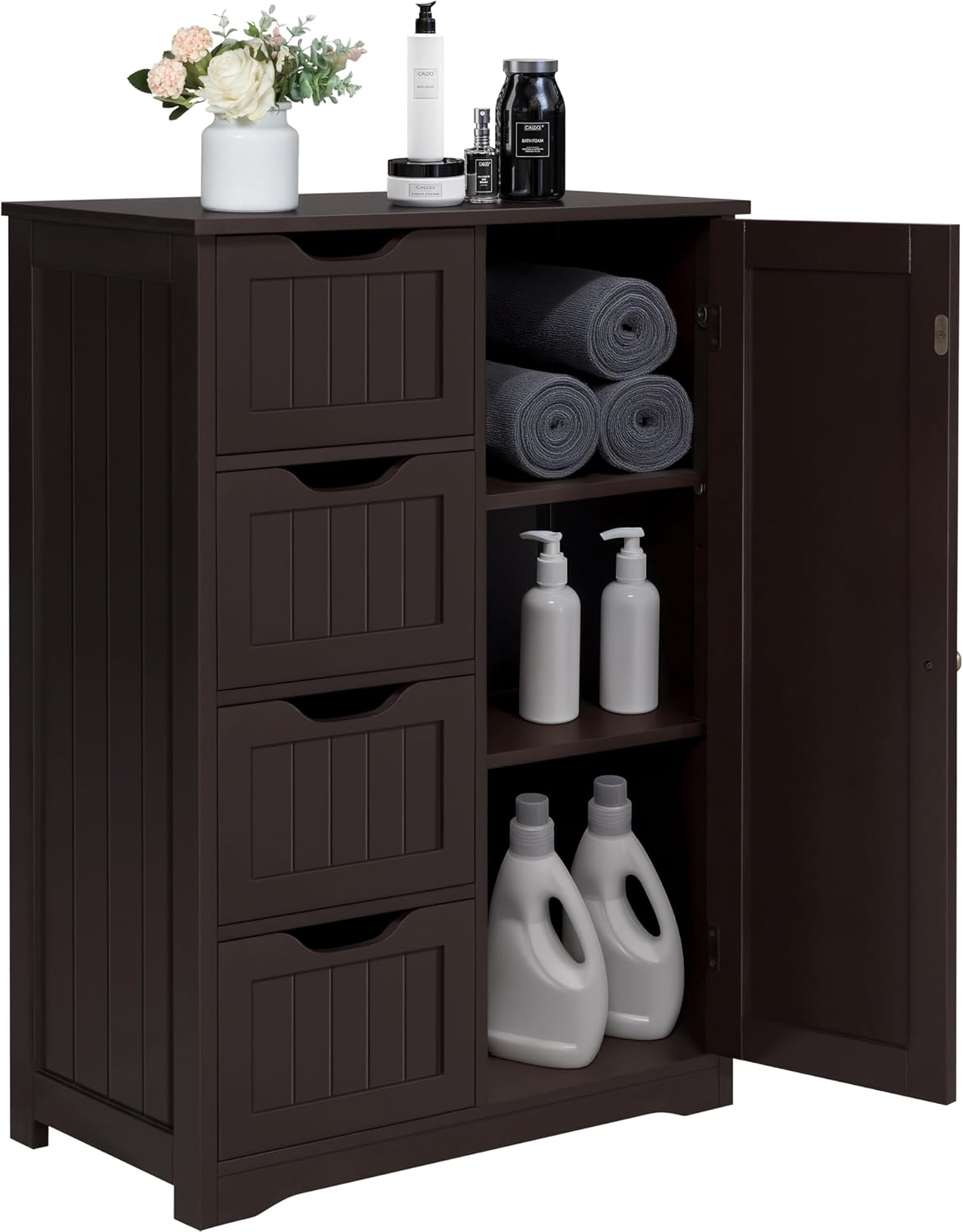 Yaheetech Wooden Floor Cabinet, Side Storage Organizer with 4 Drawers and 1 Cupboard, Freestanding Entryway Storage Unit Console Table
