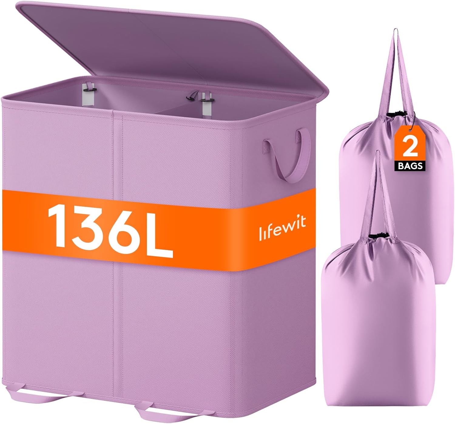 Lifewit Double Laundry Hamper with Lid and Removable Laundry Bags, Large Collapsible 2 Dividers Dirty Clothes Basket with Handles for Bedroom Laundry