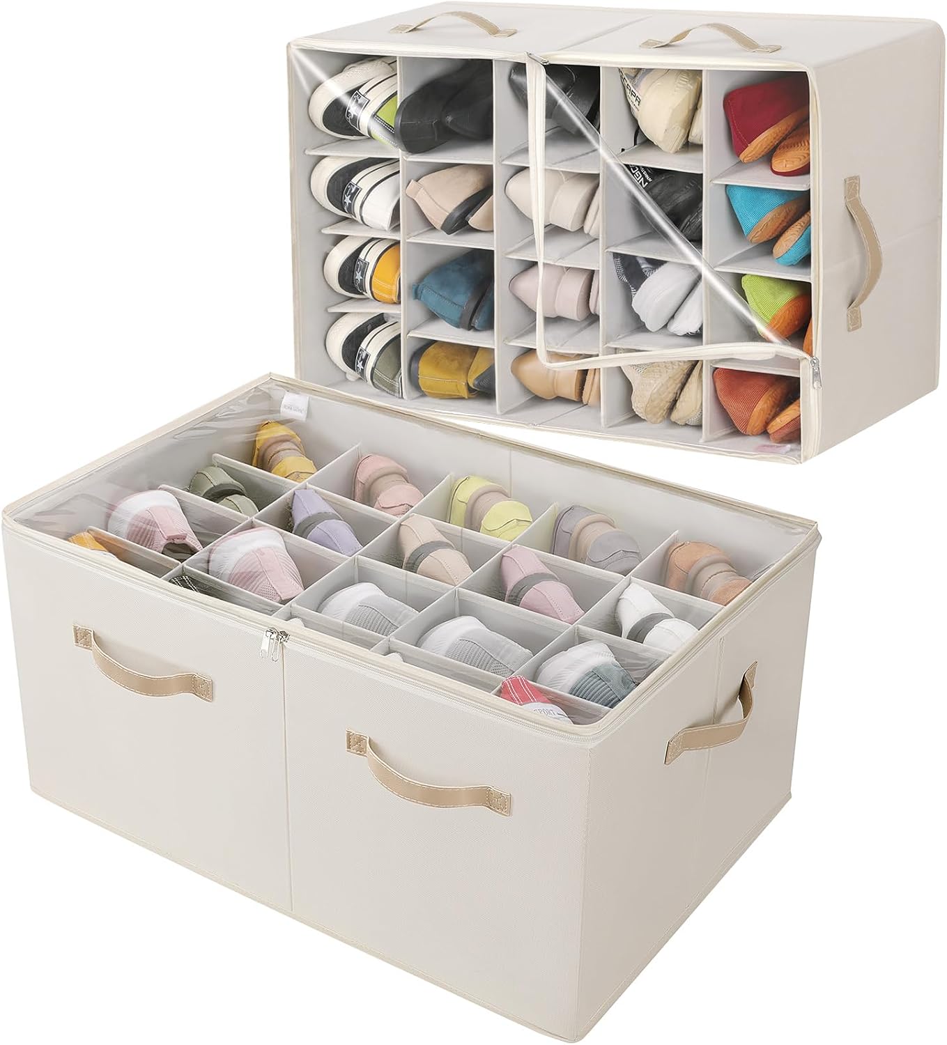 TOPIA HOME Shoe Organizer for Closet, Foldable Shoe Box with Adjustable Dividers and Clear Cover