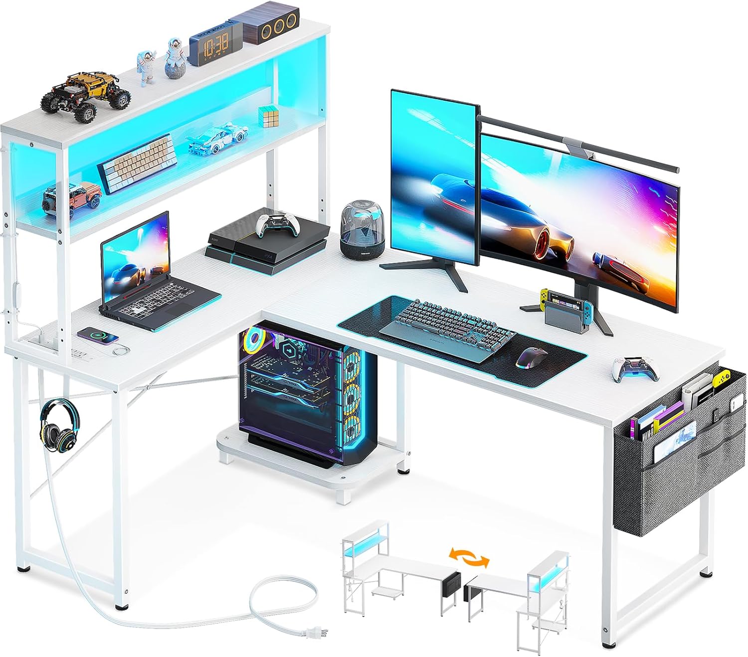 AODK L Shaped Desk Gaming Desk with LED Light and Power Outlet, 53 Inch Reversible L Shaped Computer Table with Shelf and Storage Bag and Hook for