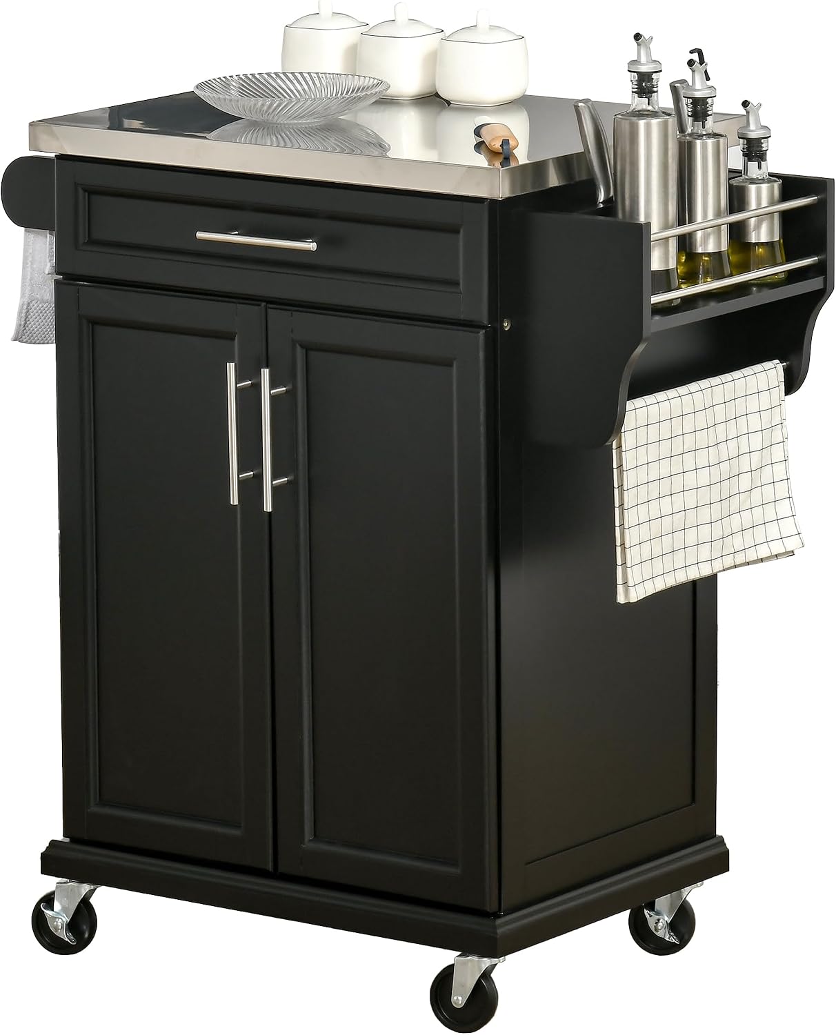 HOMCOM Kitchen Island on Wheels with Stainless Steel Countertop Black, Rolling Kitchen Cart, Drawer, Towel Rack and Spice Rack