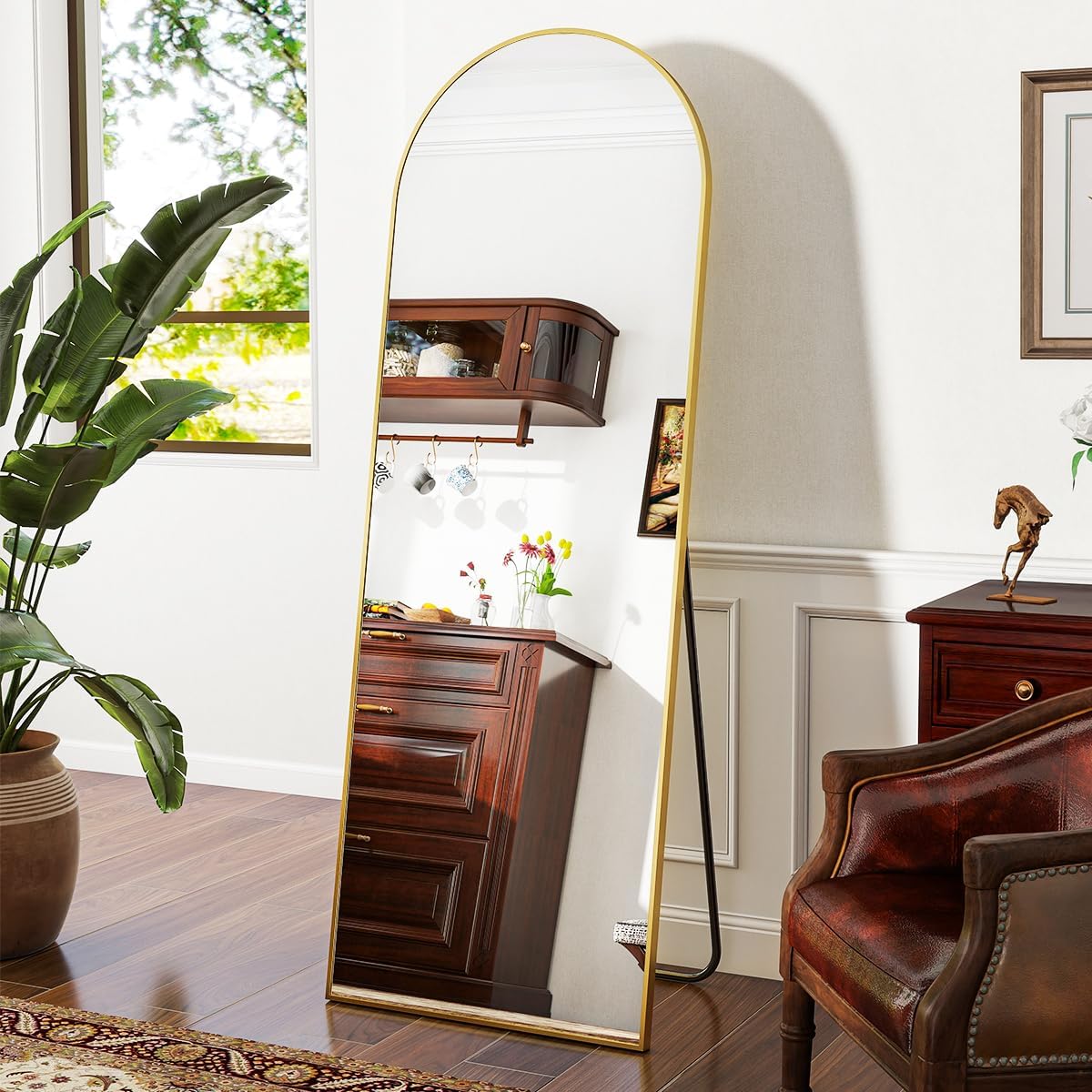 VooBang 35"x78" Gold Large Arched Floor Full Length Dressing Body Mirror, Shatterproof Tempered Glass, Modern Minimalist Chic Room Decor