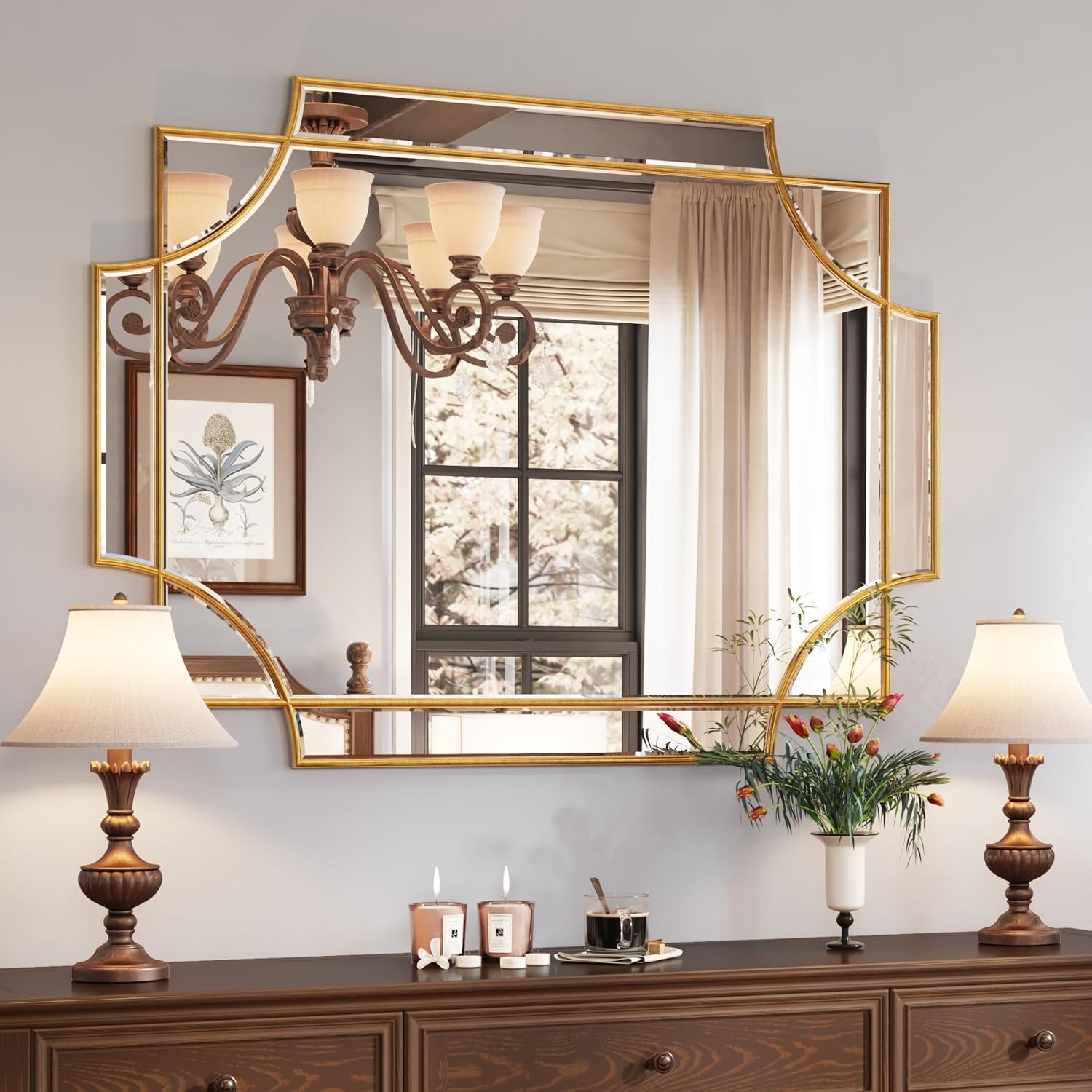 Kelly Miller 24"x48" Gold Foil Scalloped Edge Decorative Vanity Wall Mirror, Hand-Applied Gold Foil Finish. HD Mirror With French Cleat. Elegant