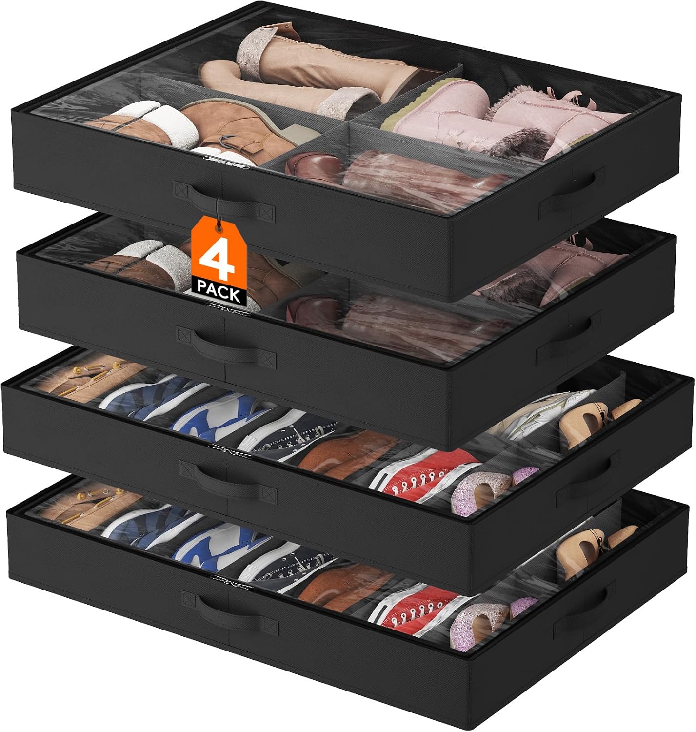 Lifewit Under Bed Shoe Storage Organizer 4 Pack(16 Shoes Cells), 4.3 Inches Profile Fabric Shoes Container Box with Clear Cover