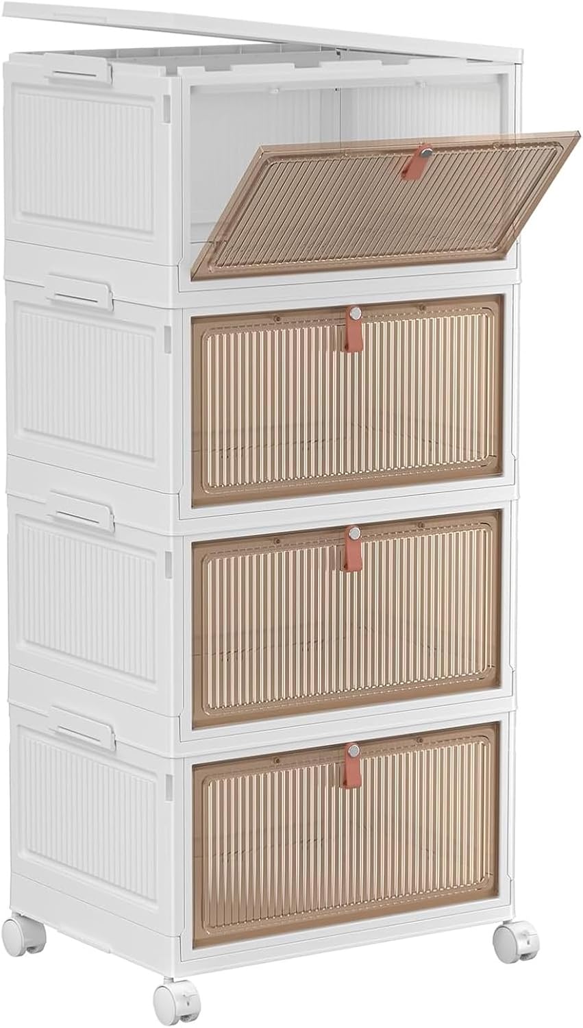 YFXCVSL 4 Tier Plastic Storage Bins with Lid 23QT, Stackable Storage Bins, Plastic Storage Bins with Wheels, Folding Storage Boxes