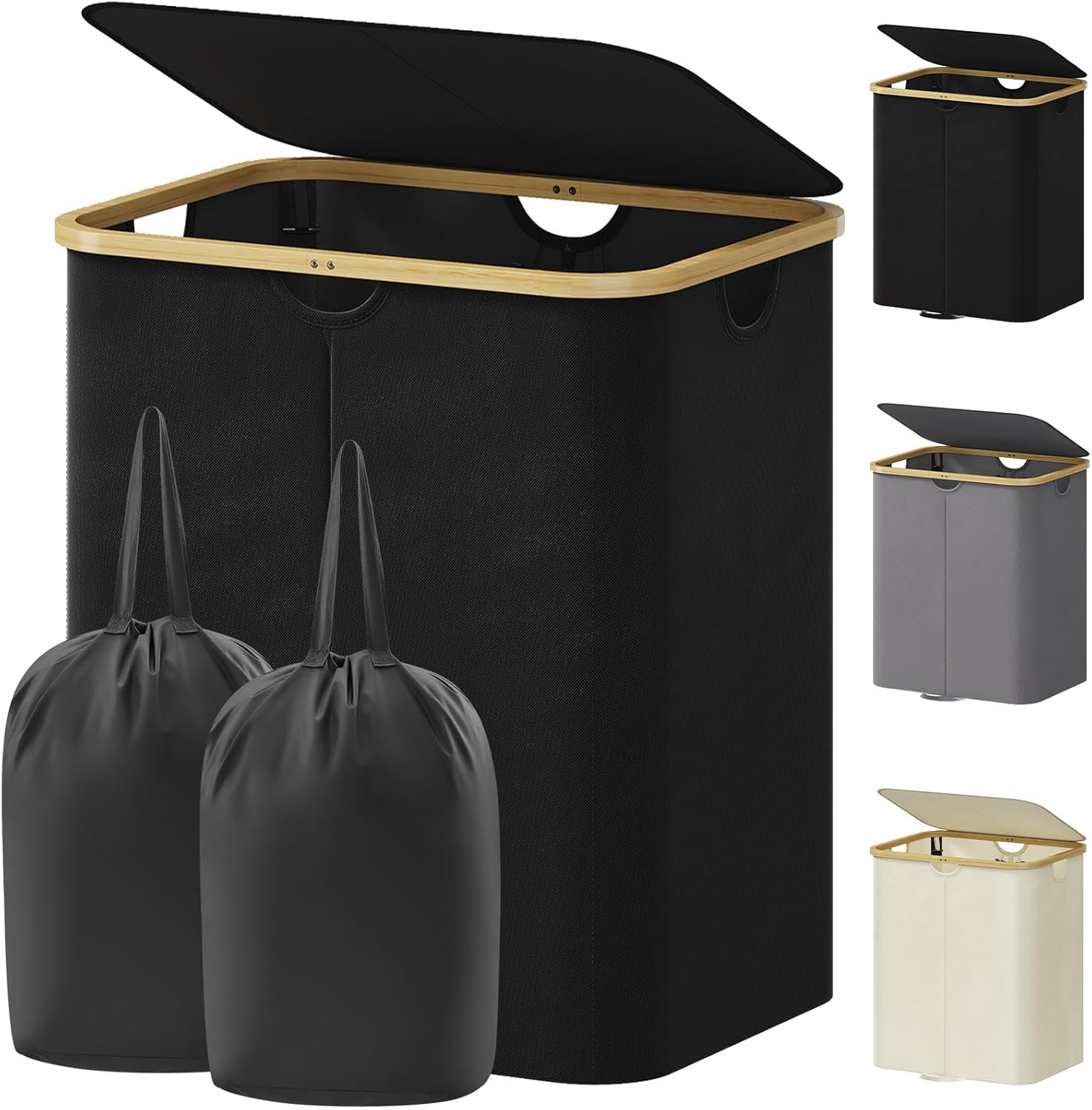 Lifewit 150L Double Laundry Hamper with Lid, Large Laundry Basket with Removable Bag and Bamboo Handles