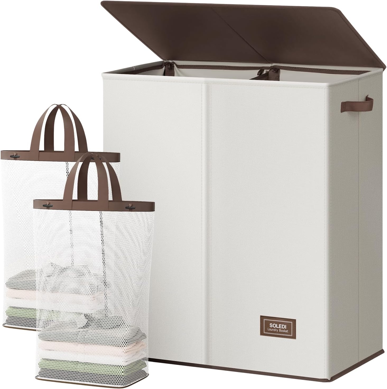 SOLEDI Luxury Double Laundry Hamper with Lid and Removable Bags, 38.3 Gal Large Laundry Bin, Laundry Basket 2 Sections