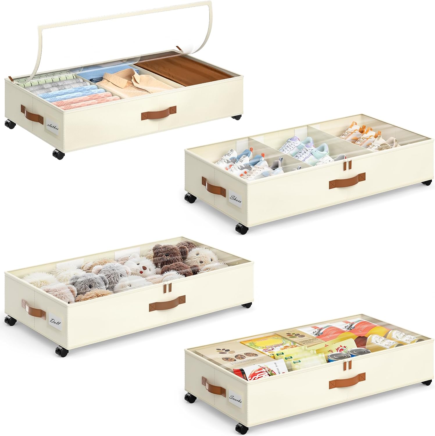 Yecaye Under Bed Storage with Wheels, 2 Pack Under Bed Storage Containers with Adjustable Dividers and Clear Window