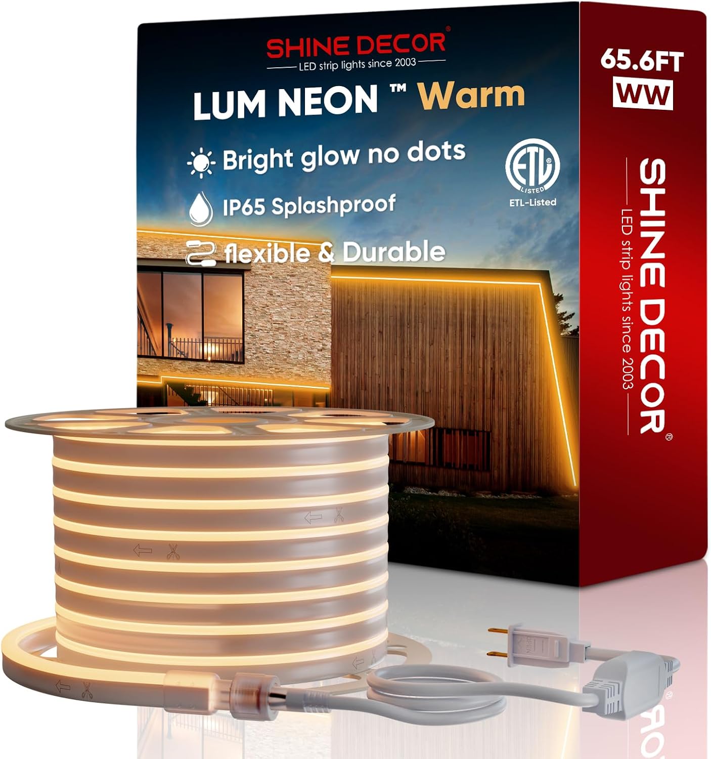 Shine Decor LED RGB Neon Rope Lights AC 120V, Expandable and Cuttable Bright Strip Lighting with Remote, Dimmable Color Changing