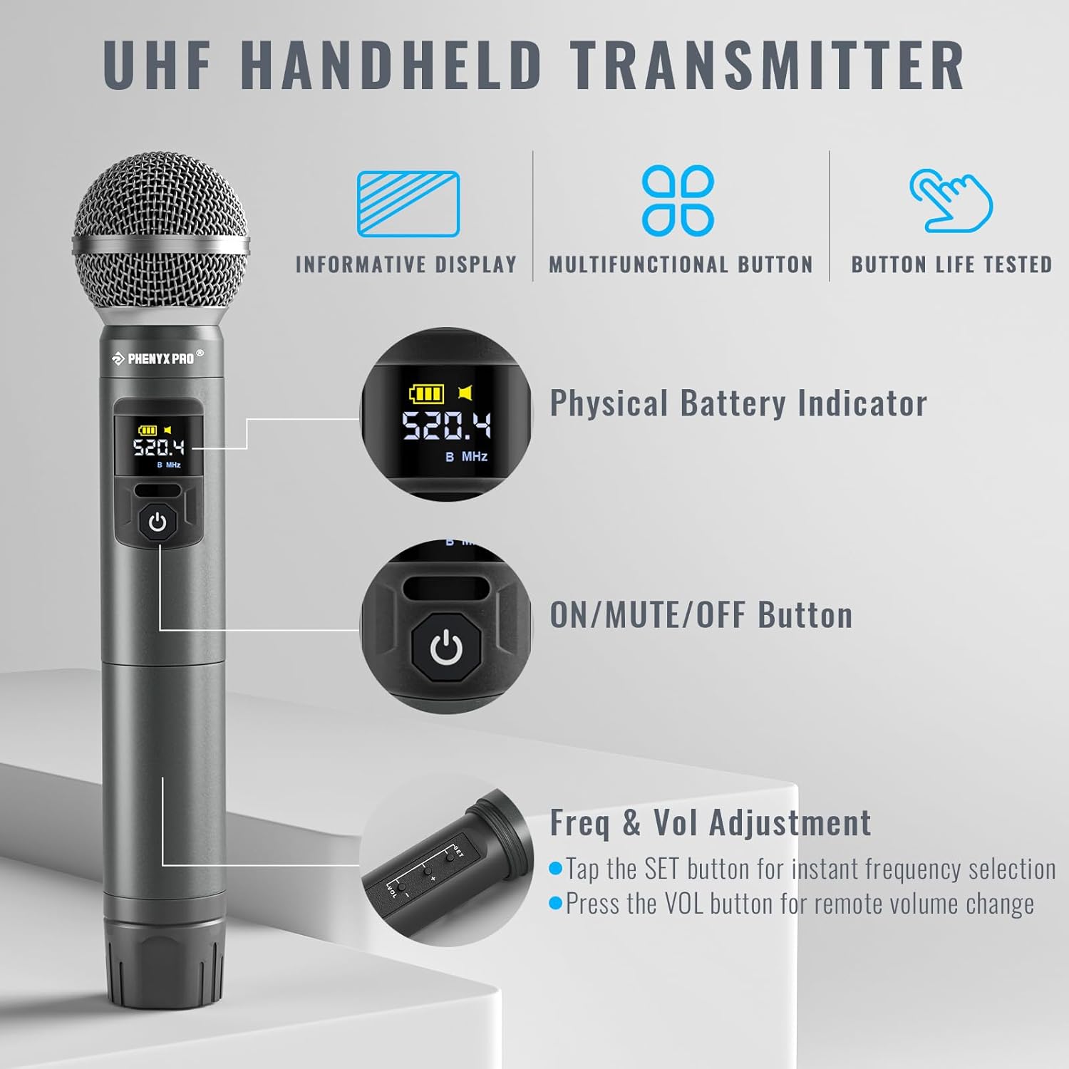 Phenyx Pro Wireless Microphone System, Metal Wireless Mic Set, Handheld Cordless Dynamic Microphones for Singing, Karaoke, Church