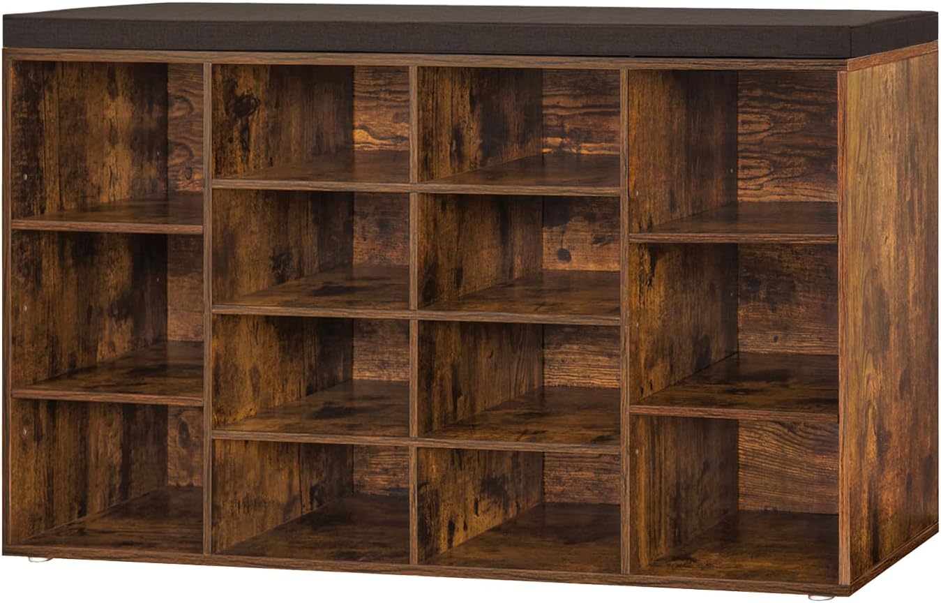 Shoe Storage Bench with Cushion, 15-Cubby Shoe Rack, Adjustable Shelves, Long Shoe Organizer Bench for Entryway, Mudroom, Hallway, Living Room