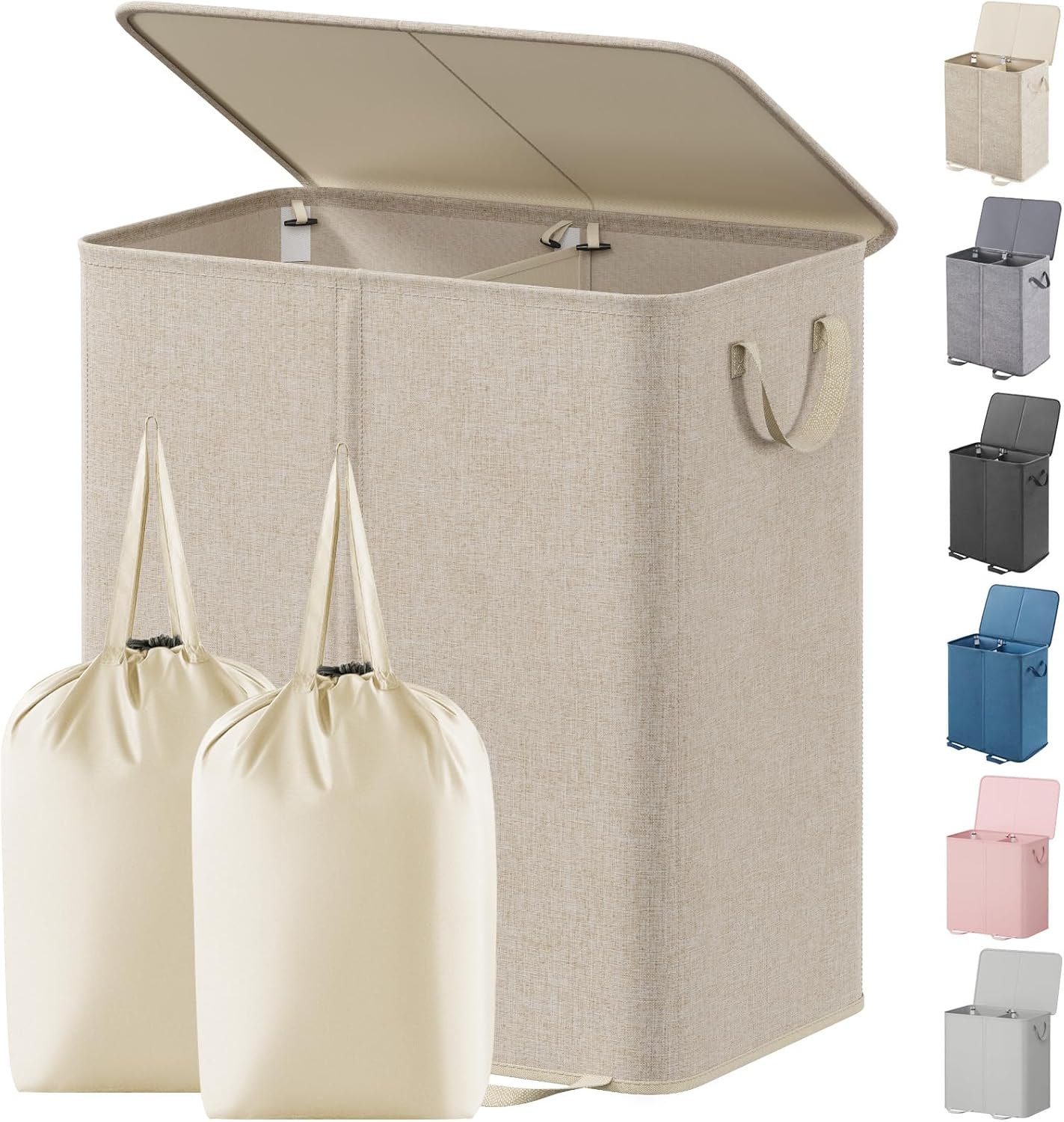 Lifewit Double Laundry Hamper with Lid and Removable Laundry Bags, Large Collapsible 2 Dividers Dirty Clothes Basket with Handles for Bedroom Laundry