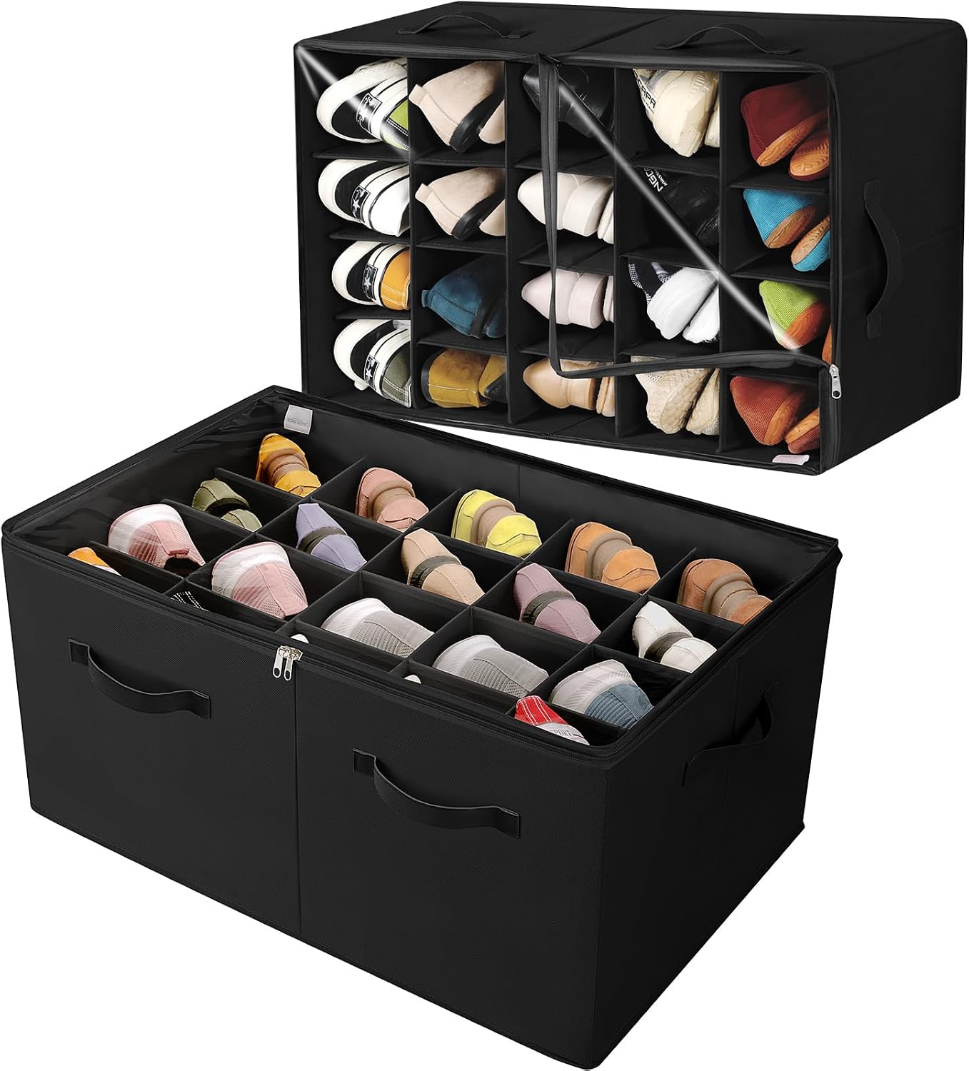 TOPIA HOME Shoe Organizer for Closet, Foldable Shoe Box with Adjustable Dividers and Clear Cover