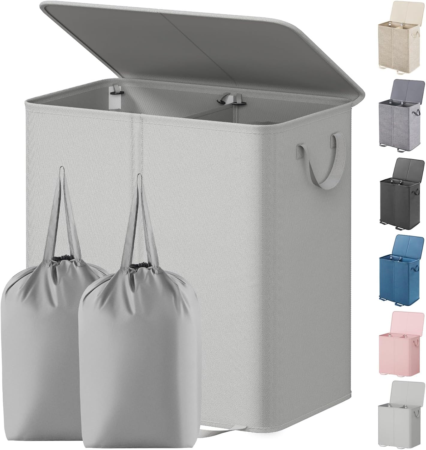 Lifewit Double Laundry Hamper with Lid and Removable Laundry Bags, Large Collapsible 2 Dividers Dirty Clothes Basket with Handles for Bedroom Laundry