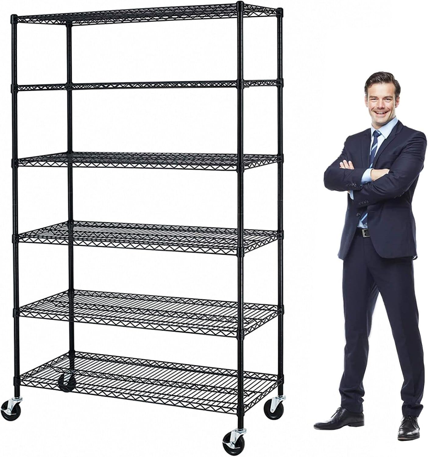 Heavy Duty 6 Tier Shelving Unit Adjustable 6000Lbs Capacity Steel Storage Rack 18" x 48 x 76 Mobile Shelves Wire Shelf Silver Rolling Utility Cart for