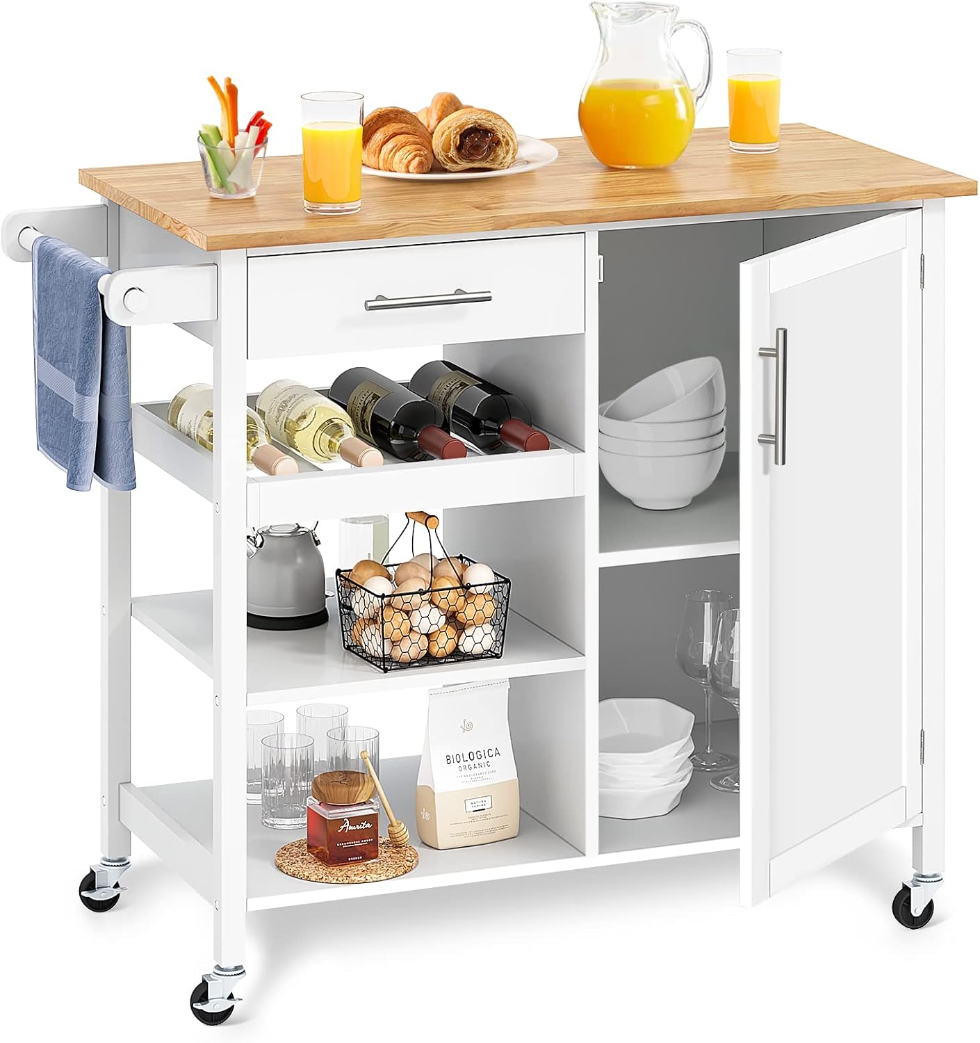 YITAHOME Small Solid Wood Top Kitchen Island Cart on Wheels with Storage, Rolling Portable Dining Room Serving Utility Carts Mobile Movable with 3