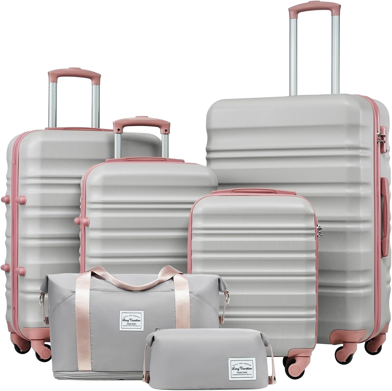LONG VACATION 6 Piece Luggage Set Carry on Suitcase with ABS+PC hardshell, Spinner Wheels and YKK Zipper TSA Lock (BEIGE-BROWN, 6 piece set)