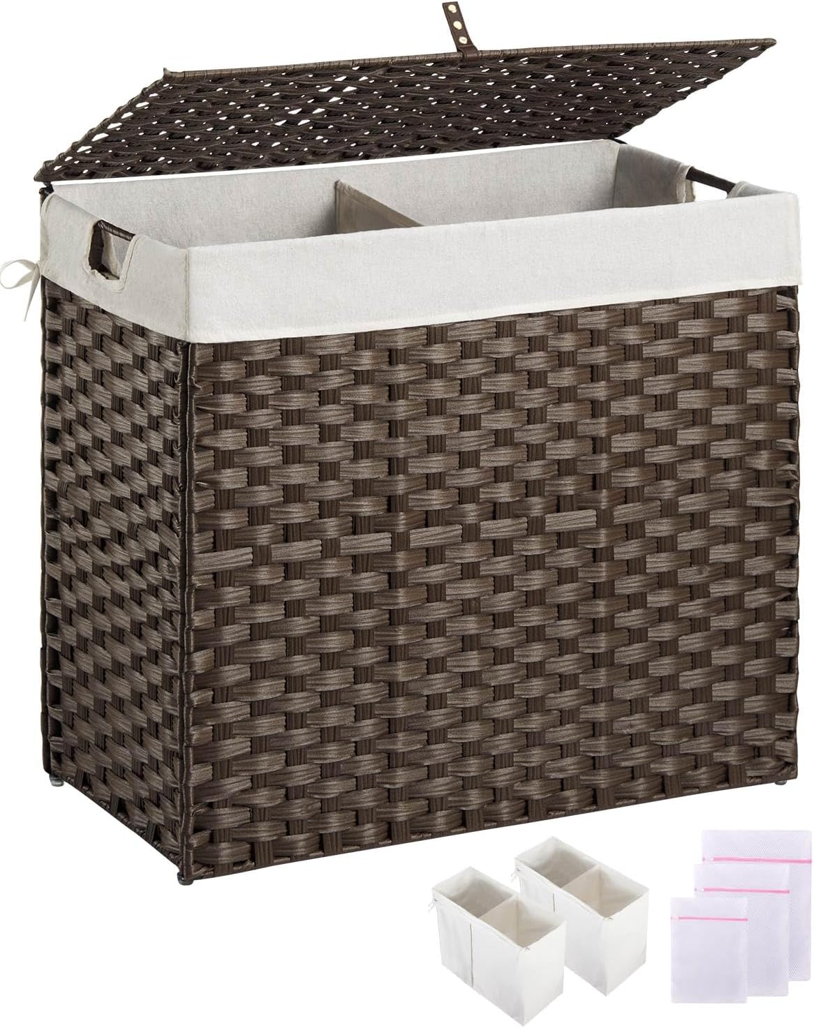 Greenstell Laundry Hamper with lid, No Install Needed, 110L Wicker Laundry Baskets Foldable 2 Removable Liner Bags