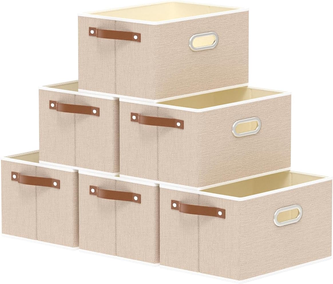 Yawinhe Foldable Storage Baskets for Shelves, 16.9x11.8x10.2in, Beige, 6-Pack, Collapsible Storage Bins for Towels