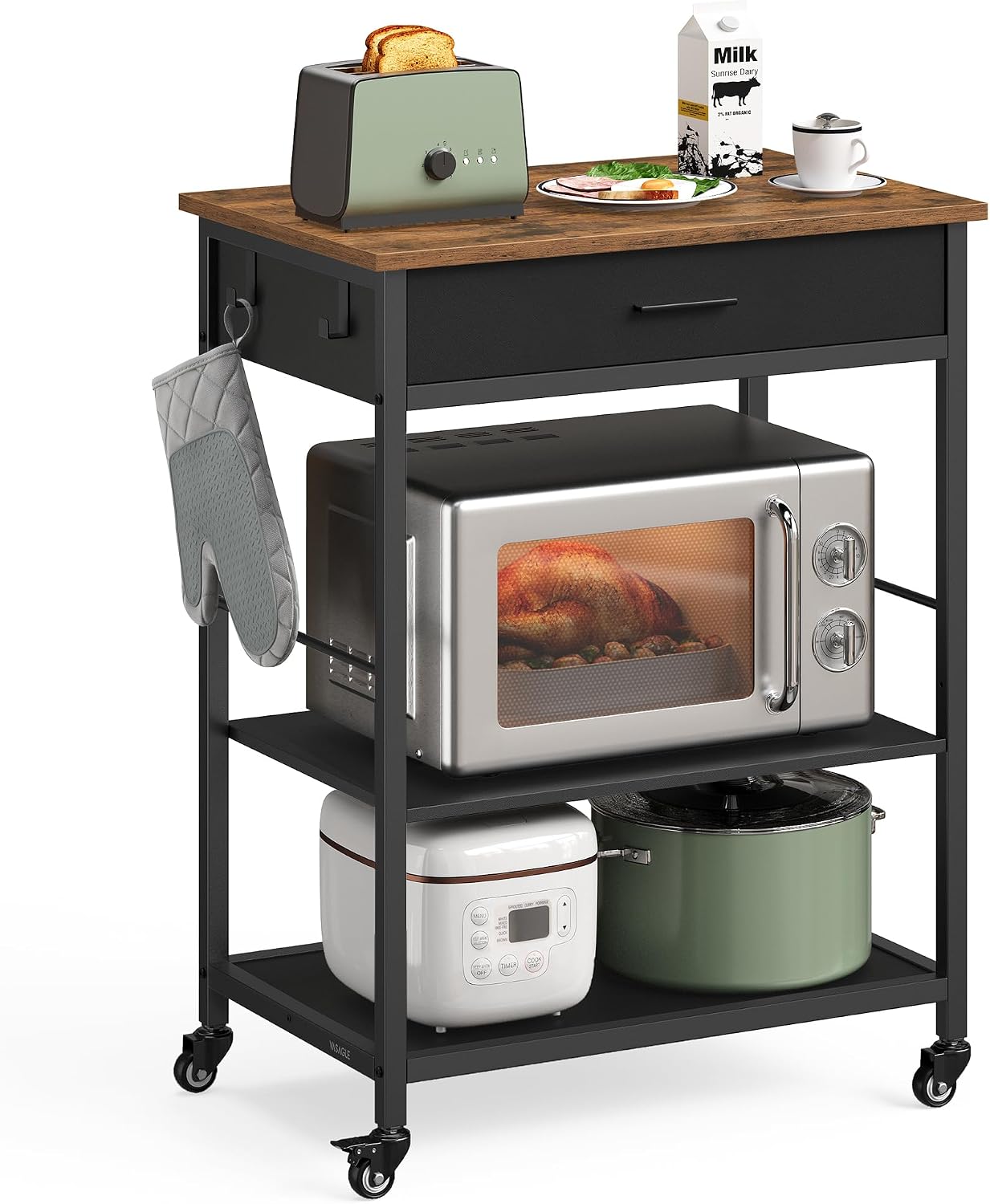 VASAGLE Kitchen Rolling Island, Mobile Kitchen Cart with Storage on Wheels, 17.7 x 23.6 x 35.4 Inches, Drawer, 2 Hooks, for Dining Room