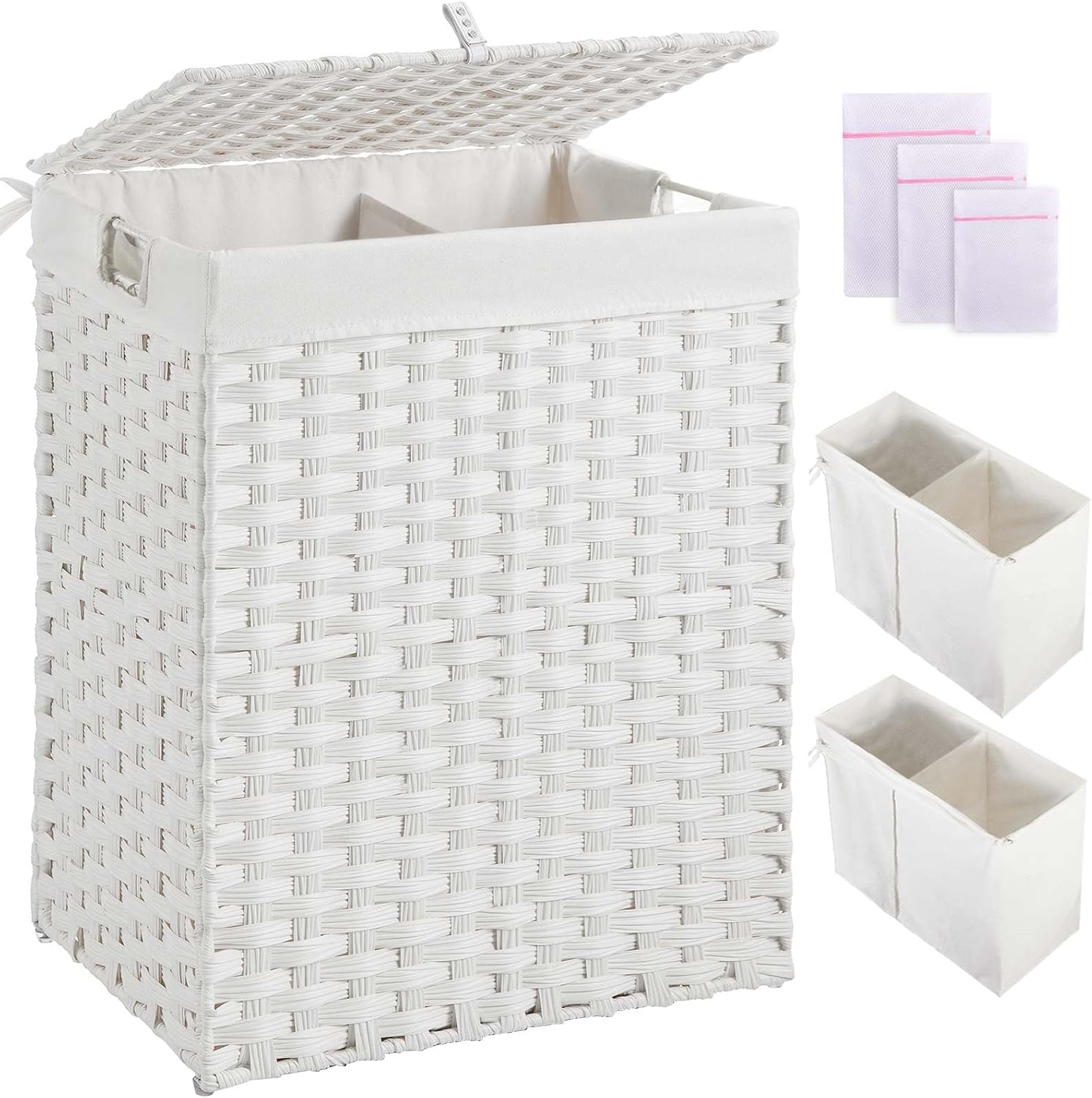 Greenstell Laundry Hamper with lid, No Install Needed, 110L Wicker Laundry Baskets Foldable 2 Removable Liner Bags