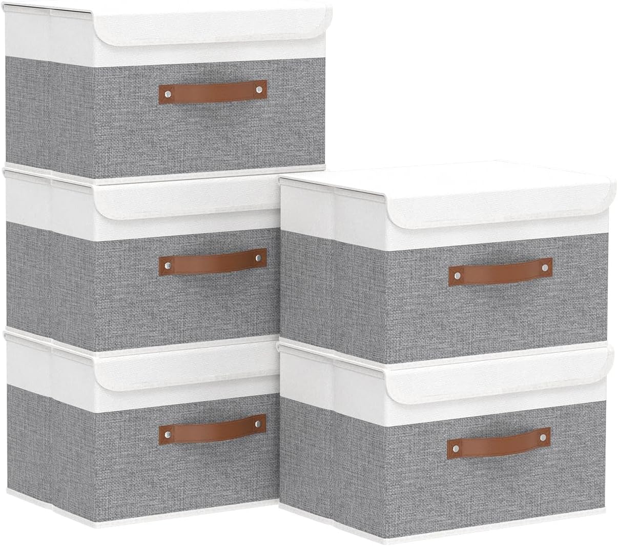 Yawinhe Storage Bins with Lids, Beige, 17.7x11.8x11.8in, 5-Pack, Fabric Container with Leather Handle, Washable Home Basket