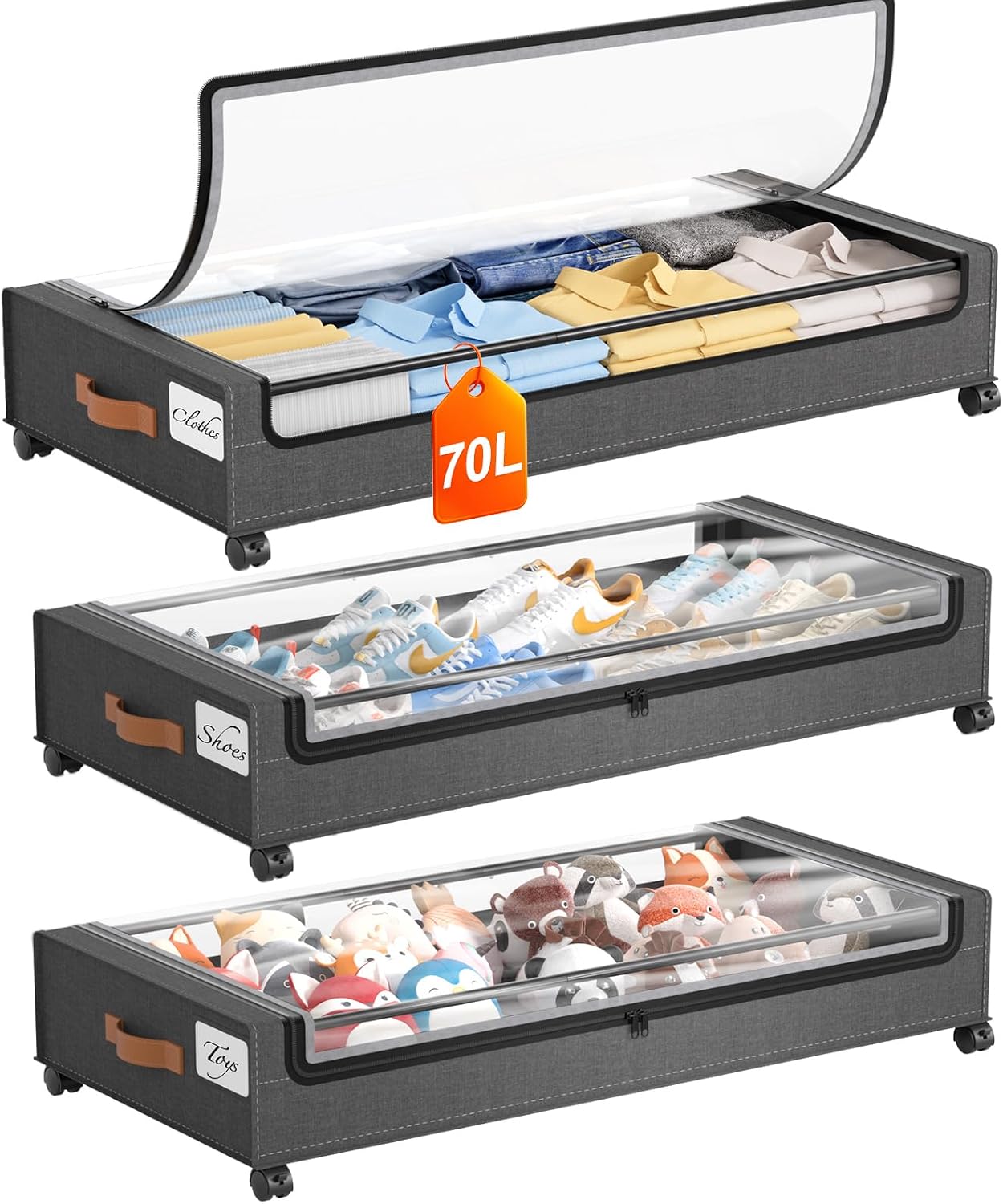 Yecaye Under Bed Storage with Wheels 2 Pack, 70L Larger Capacity Under Bed Storage Containers, Underbed Shoe Storage Organizer