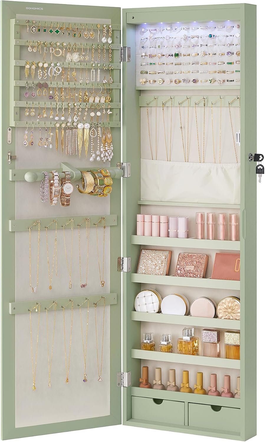 SONGMICS 6 LEDs Mirror Jewelry Cabinet, 47.2-Inch Tall Lockable Wall or Door Mounted Jewelry Armoire Organizer with Mirror, 2 Drawers