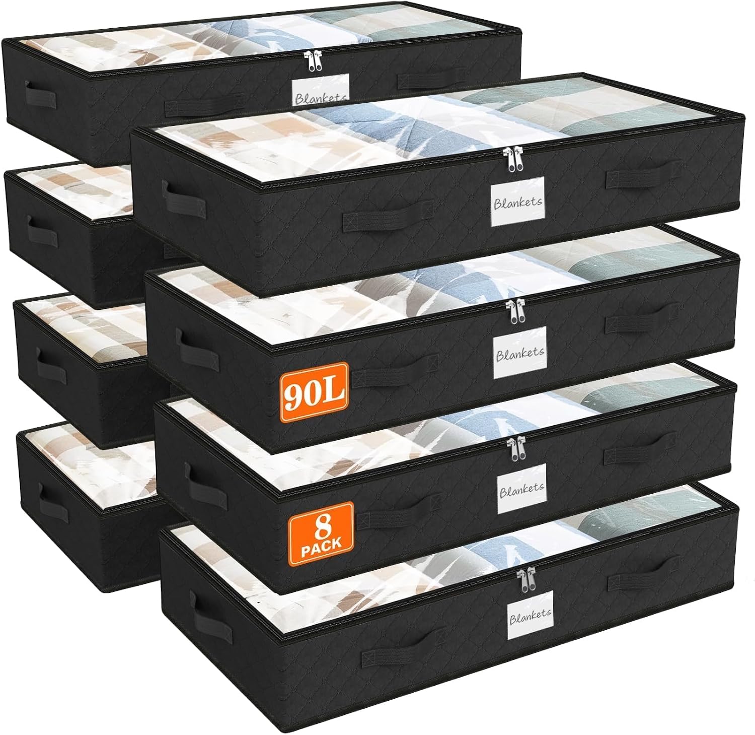 SpaceWhisper 90L Under Bed Storage Containers, Storage Bags, Organizers, 8-Pack, Gray, Foldable, Soft Fabric, Closet Organizers, Reinforced Handle