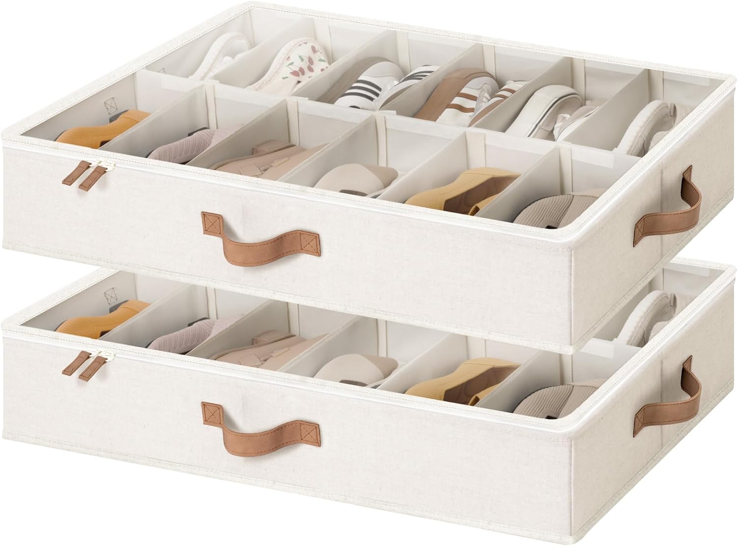 StorageWorks 2-Pack 24-Pair Underbed Shoe Storage Organizer, Linen Beige, Rustic Linen Fabric, Adjustable Dividers, 5.25" Height
