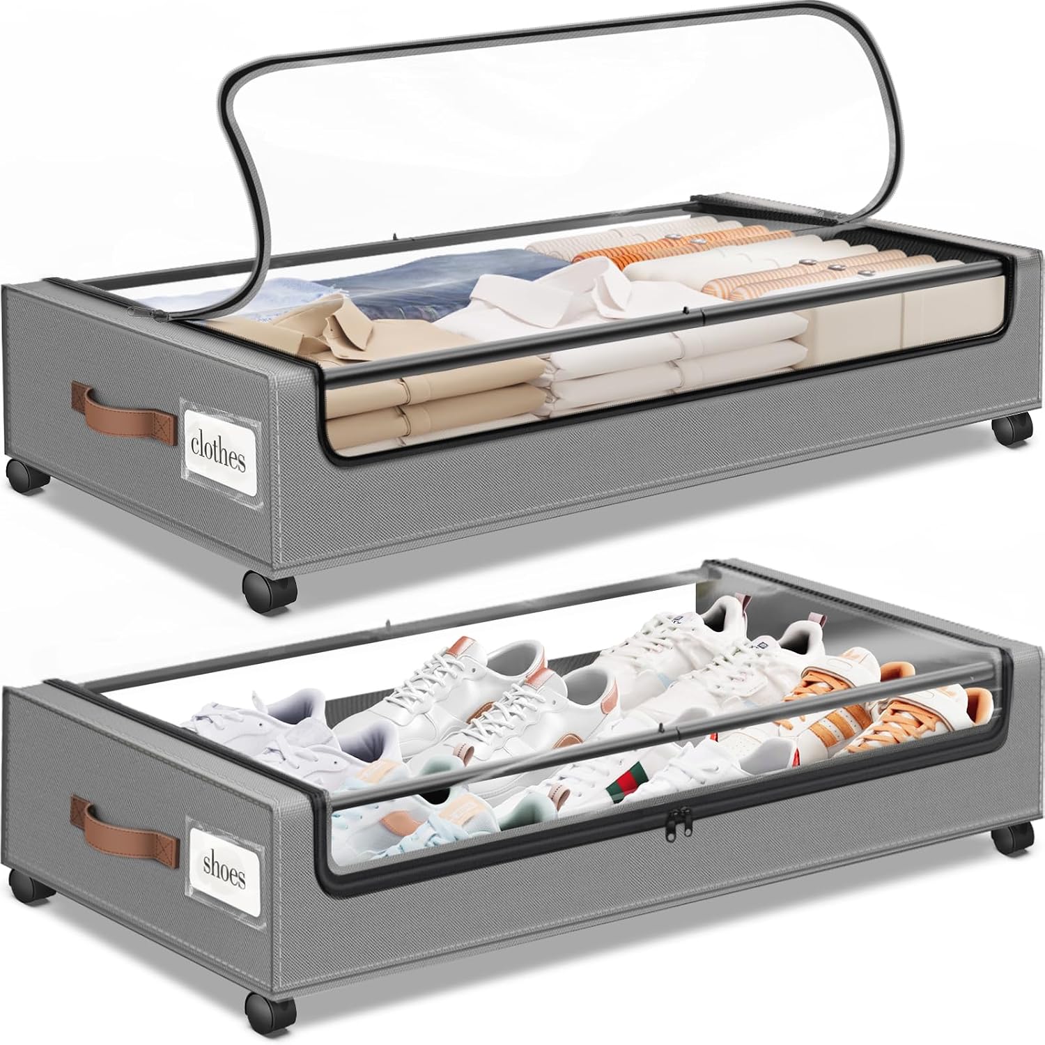 SpaceHacks Under Bed Storage with Wheels 2Pack Storage Containers with Clear Window&Label Under Bed Drawers Rolling Under Bed Storage for Clothes