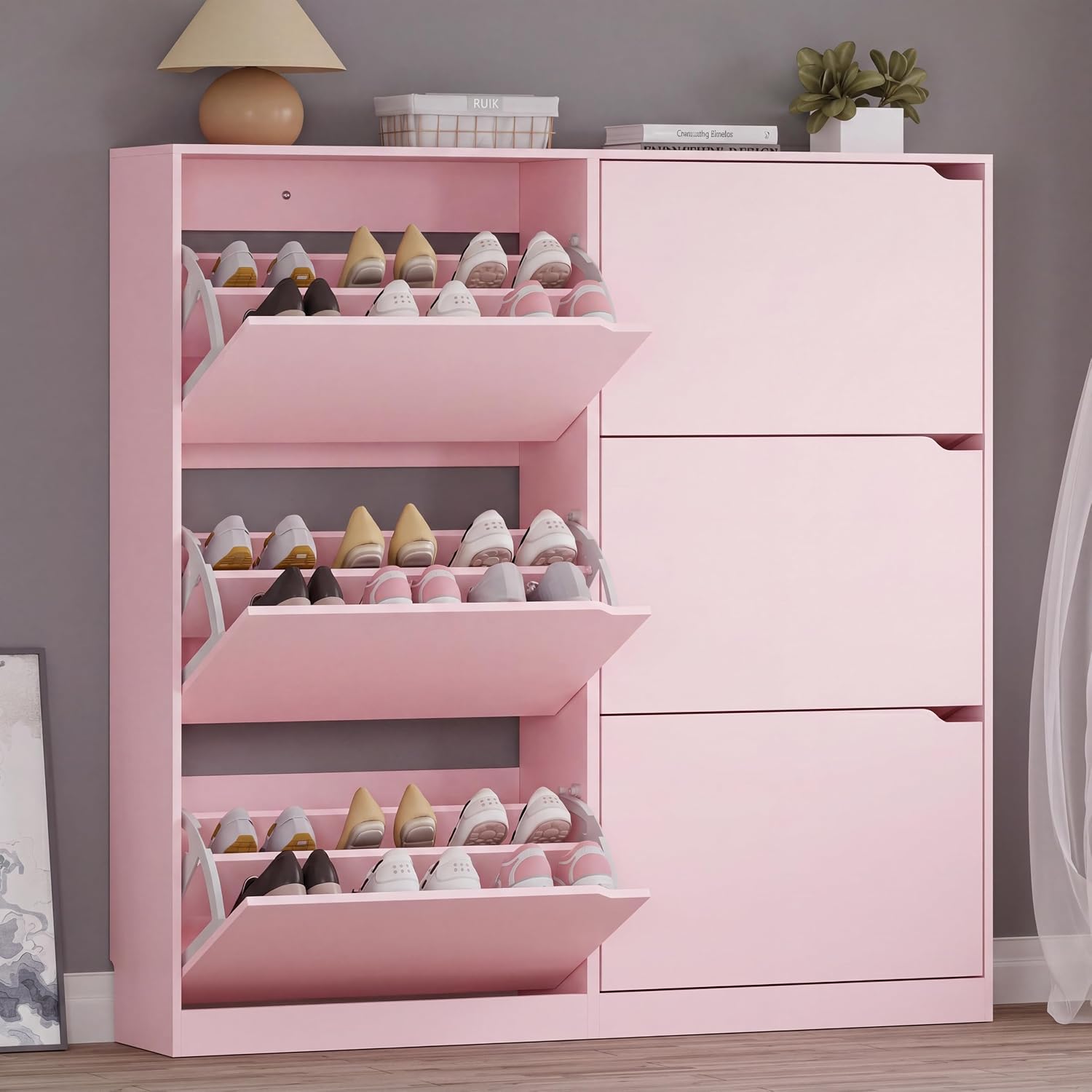 BORNOON Shoe Cabinet with Odor Control and Back Panels, Deodorizing Slim 3-Flip Shoe Storage Cabinet for Entryway
