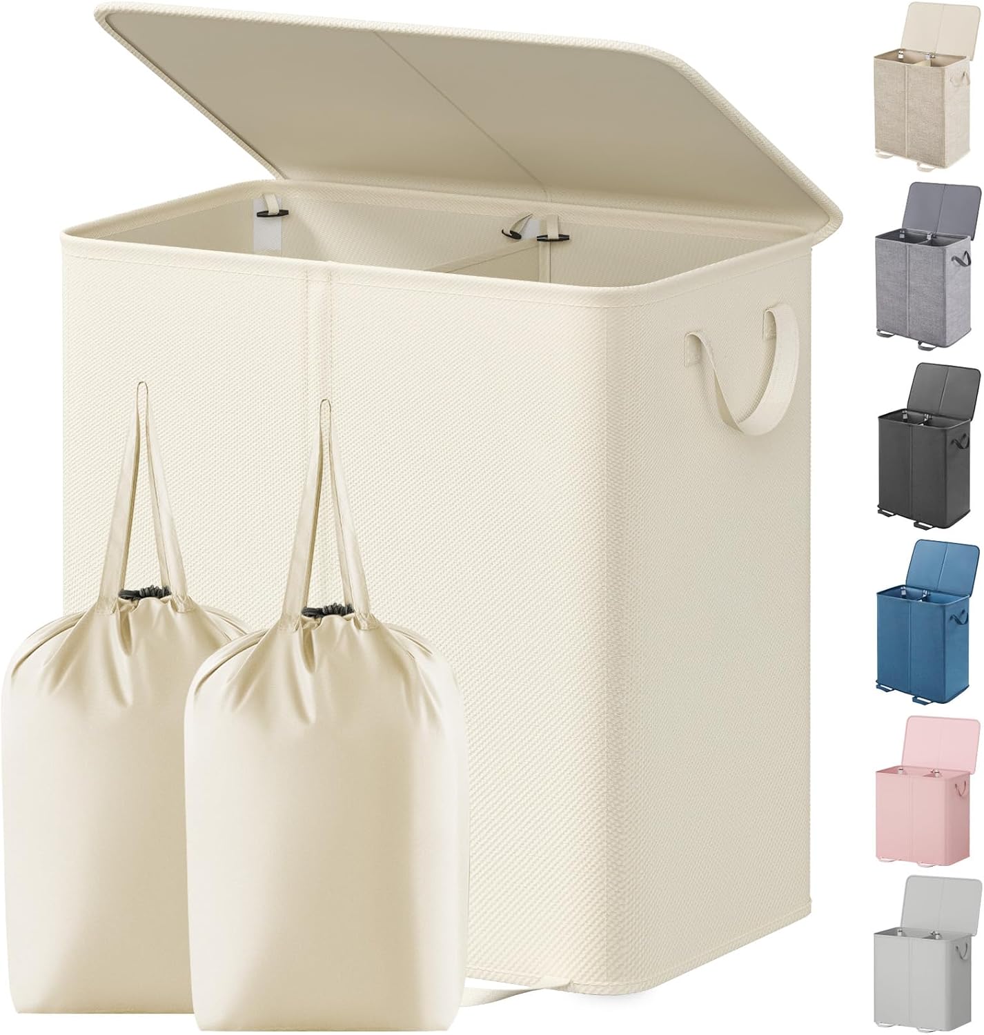 Lifewit Double Laundry Hamper with Lid and Removable Laundry Bags, Large Collapsible 2 Dividers Dirty Clothes Basket with Handles for Bedroom Laundry