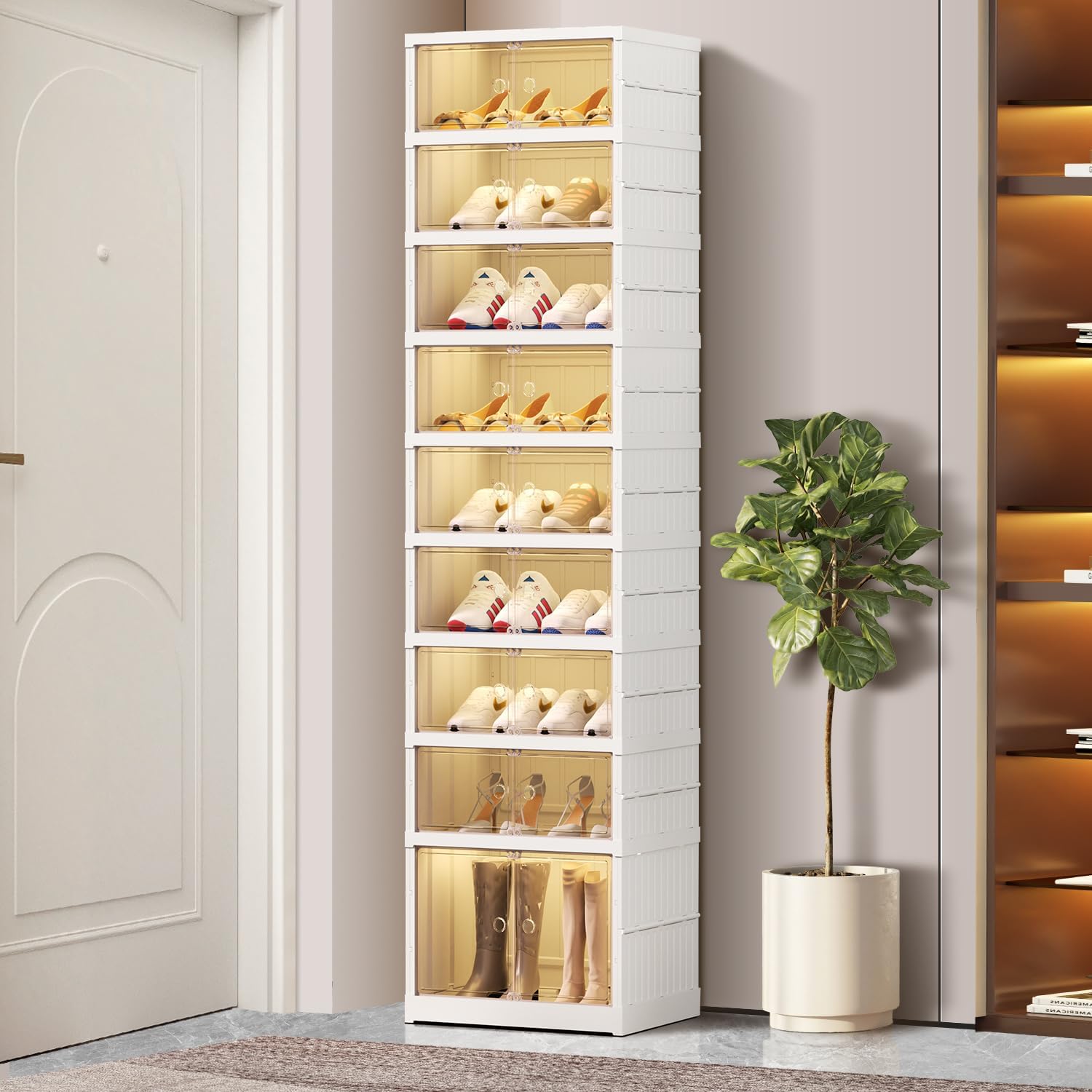 6-Tier Foldable Shoe Rack, Magnetic Doors, 12 Pairs, White, Collapsible Plastic Shoe Cabinet, Stackable, Clear Doors, Bottom Wheels, Fits Boots