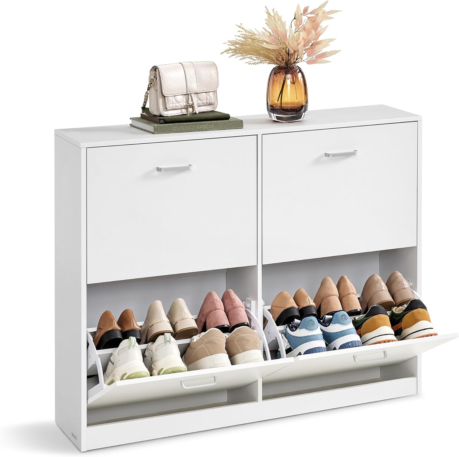 VASAGLE Shoe Cabinet with 4 Flip Doors, Storage Cabinet for 16-28 Pairs of Shoes, Adjustable Dividers, for Entryway, 9.4 x 41.5 x 32.6 Inches