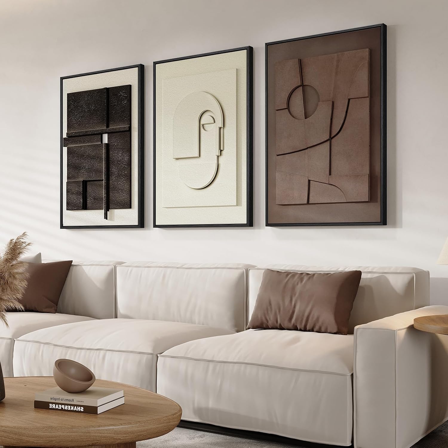 3D Wood Textured Large Neutral Abstract Wall Art, Modern Beige Brown Geometric Paintings Artwork for Walls-Minimalist Wooden Wall Art Decor for Living