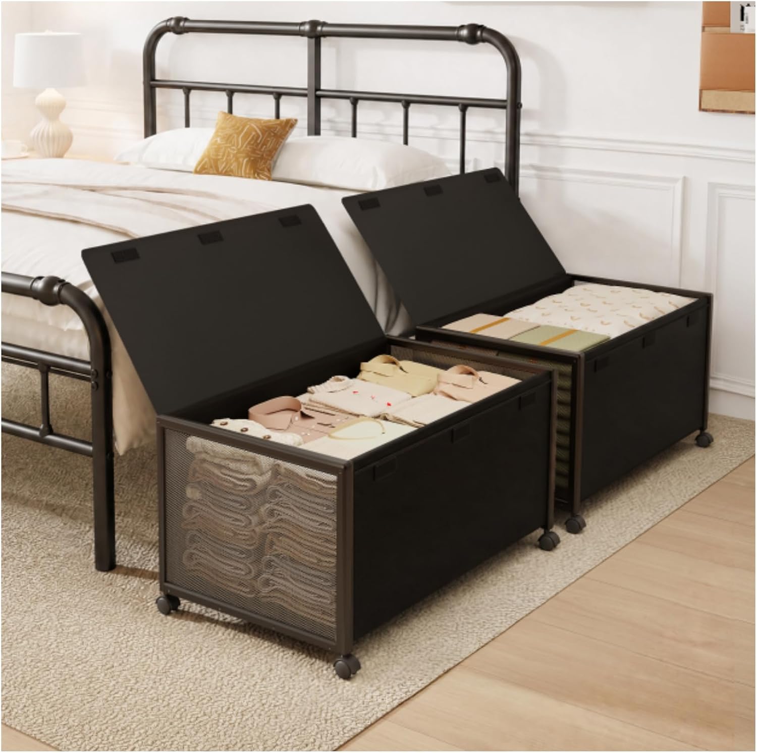 Fokyfok 2 Pack Under the Bed Storage Containers, 10 inch Height Under Bed Shoe Storage, 31inch Long Underbed Storage with Wheels