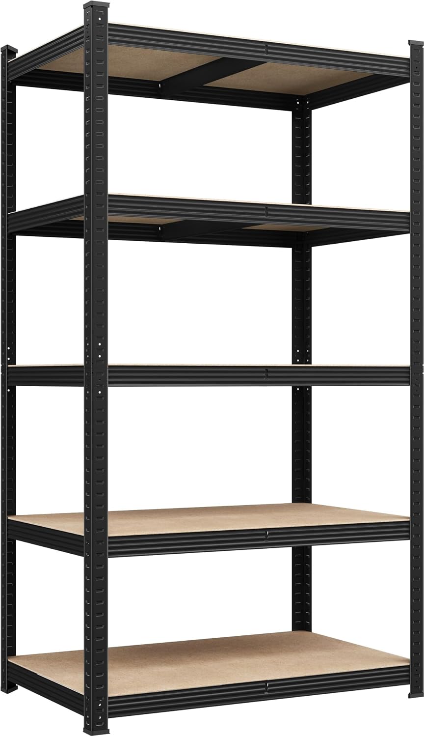 Yaheetech 5-Tier Heavy Duty Storage Shelves 28" W x 12" D x 60" H Silver, Boltless powder-coated metal frame and MDF boards assemble easily