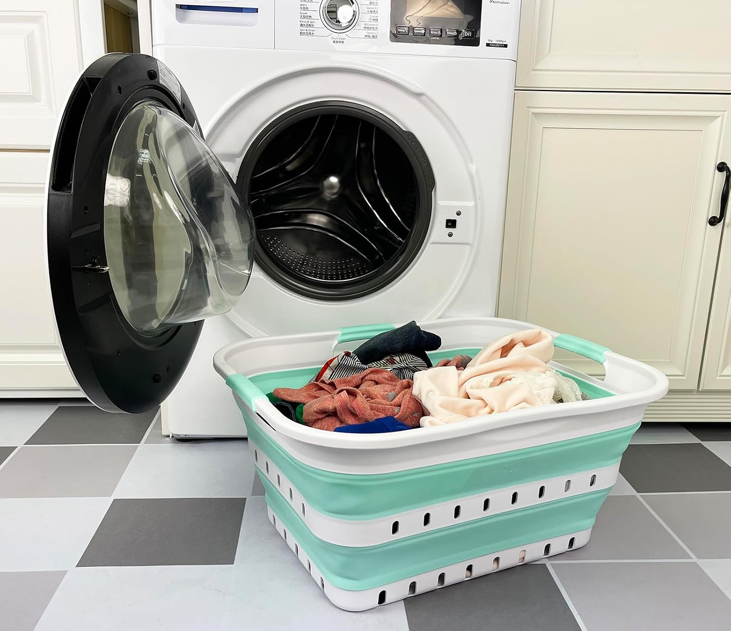 SAMMART 42L (11 gallon) Collapsible Plastic Laundry Basket - Foldable Pop Up Storage Container/Organizer - Space Saving Hamper/Basket (1, White/Grey)
