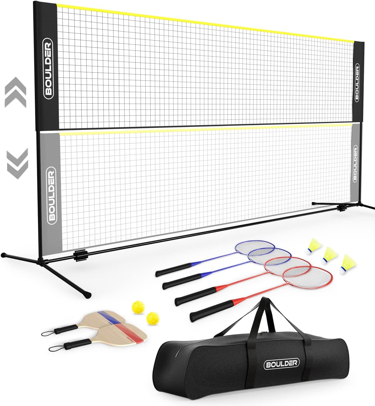 Boulder Portable Badminton Pickleball Net - Foldable/Extendable Poles for Multiple Sports Heights (UP to 5 ft) - for Tennis, Pickleball