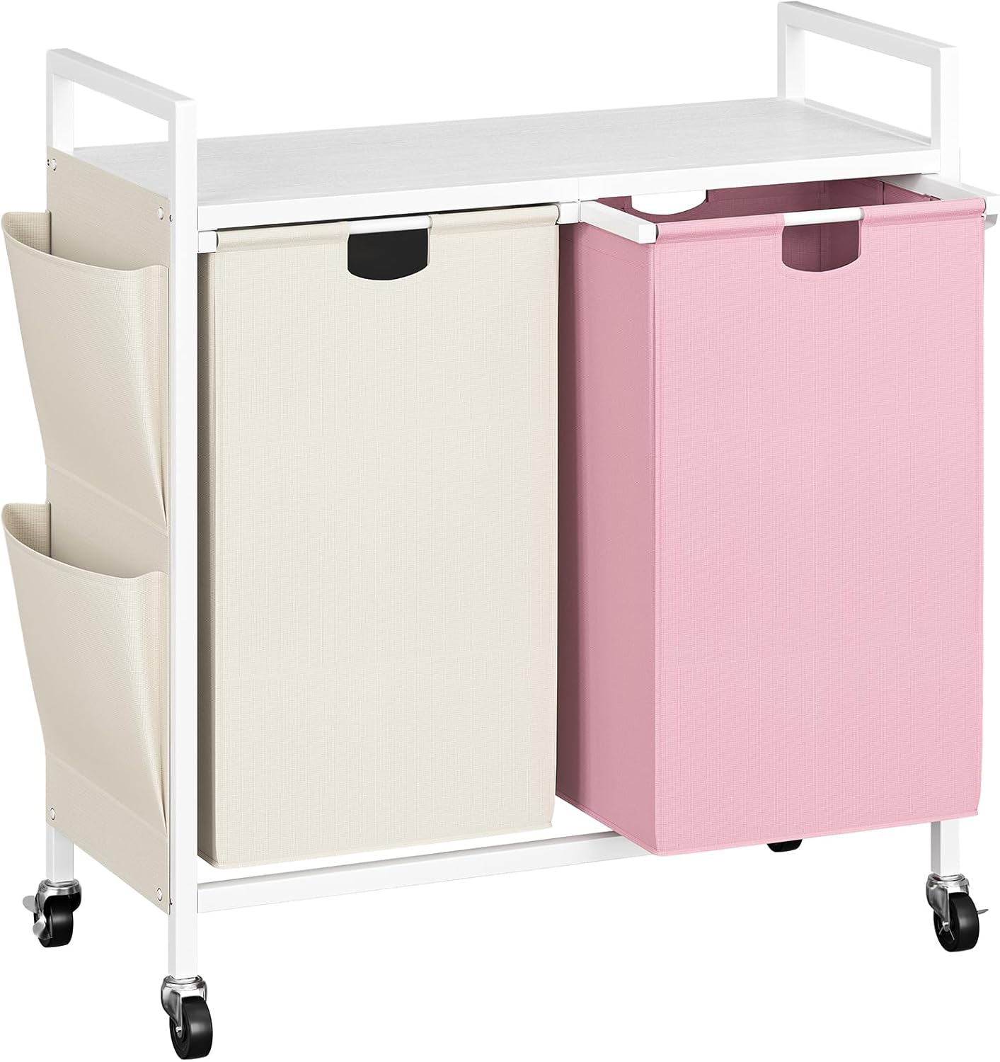 WOWLIVE Double Laundry Hamper with Wheels, Rolling Laundry Basket Organizer, Laundry Hamper 2 section with Lid, Iron-Made Laundry Sorter with Shelf