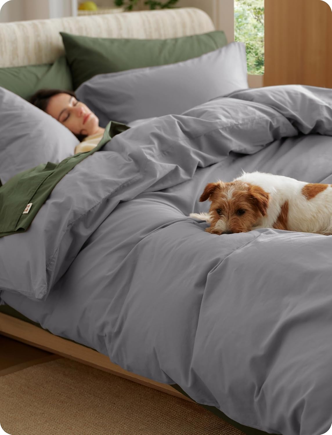 Bedsure 100% Washed Cotton Duvet Cover King Size - Sage Green Minimalist Bedding Set Linen Like - PureWoven Plain Simple and Soft Comforter Cover for