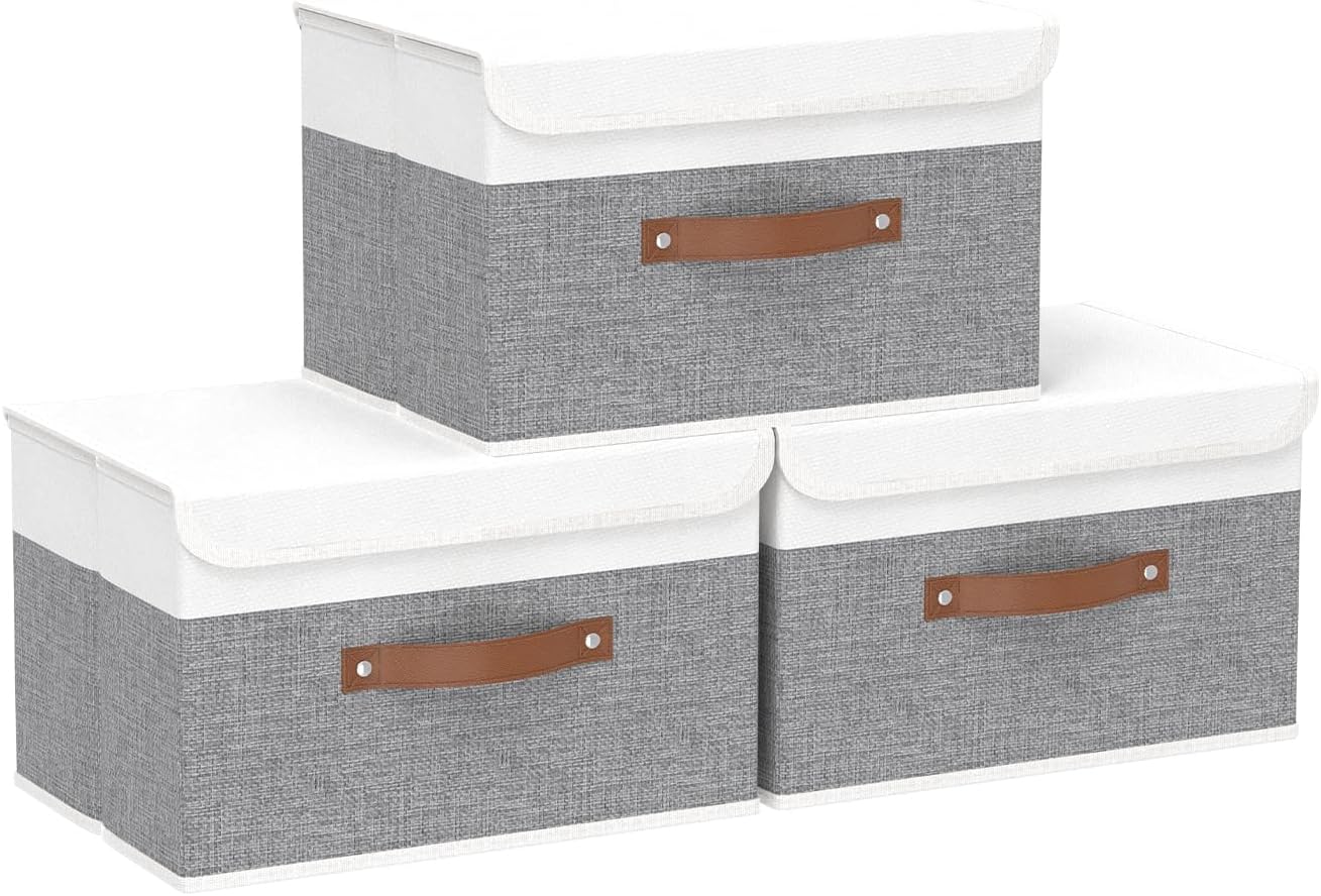 Yawinhe Collapsible Storage Boxes, Linen Fabric Baskets, Bin with lid and Leather Handle, Washable, for Home, Closet, Beige, 17.7''Lx11.8''Wx11.8''H