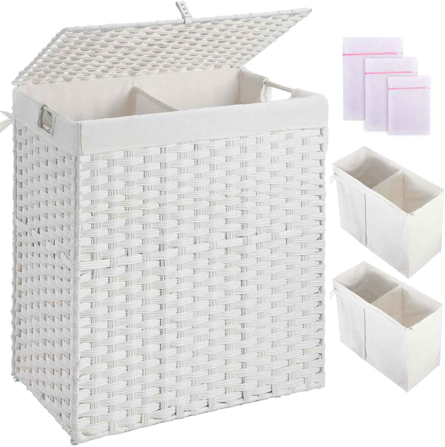 Greenstell Laundry Hamper with lid, No Install Needed, 110L Wicker Laundry Baskets Foldable 2 Removable Liner Bags
