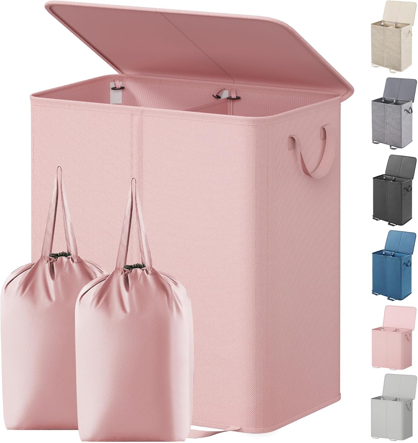 Lifewit Double Laundry Hamper with Lid and Removable Laundry Bags, Large Collapsible 2 Dividers Dirty Clothes Basket with Handles for Bedroom Laundry