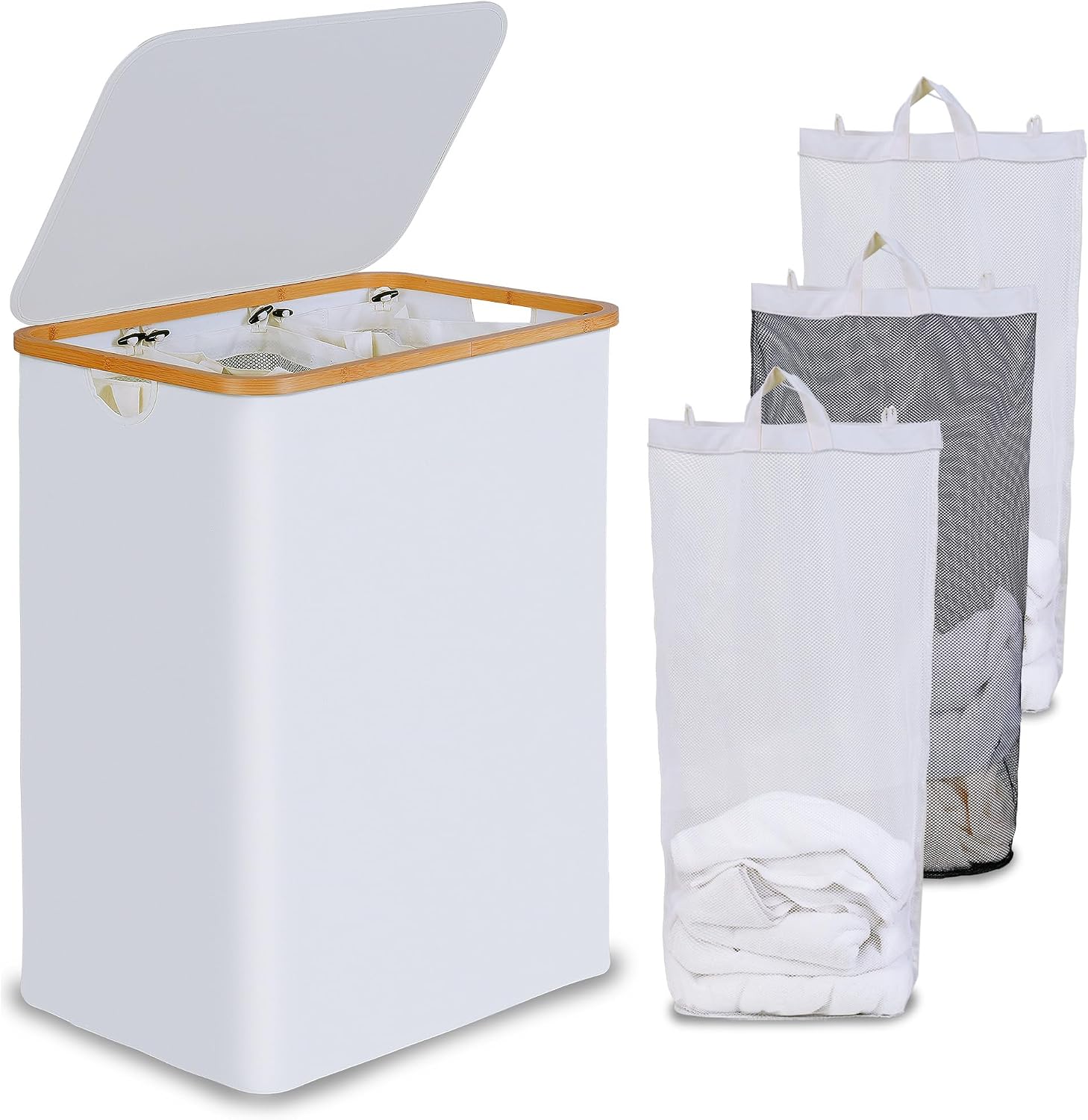 efluky Laundry Hamper with Lid, Double Laundry Basket with 2 Removable Bags, 2 Section Laundry Bin with Bamboo Handles for Bathroom