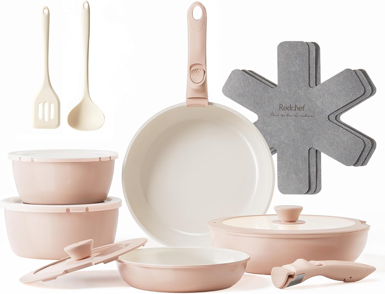 Redchef Ceramic Pots and Pans Set, Nonstick Kitchen Cookware Set with Detachable Handle, Non Toxic Cookware Set 16pcs, PFAS PFOA and PTFE Free