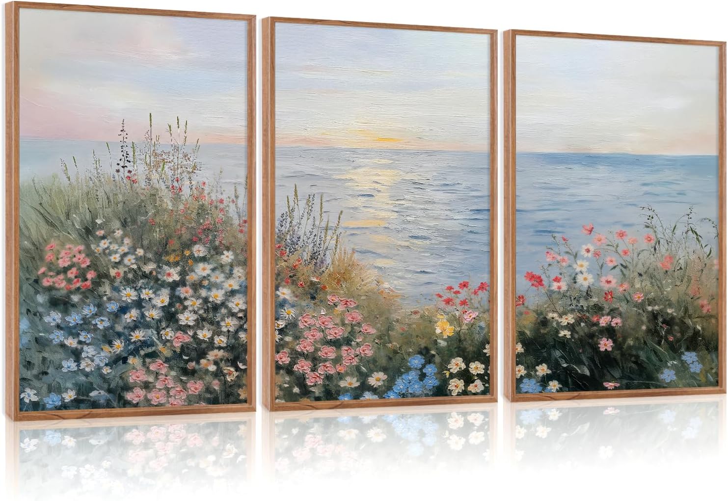 Beach Sunrise Framed Canvas Wall Art Set, Ocean Waves Wall Decor, Coastal Artwork Spiritual Painting