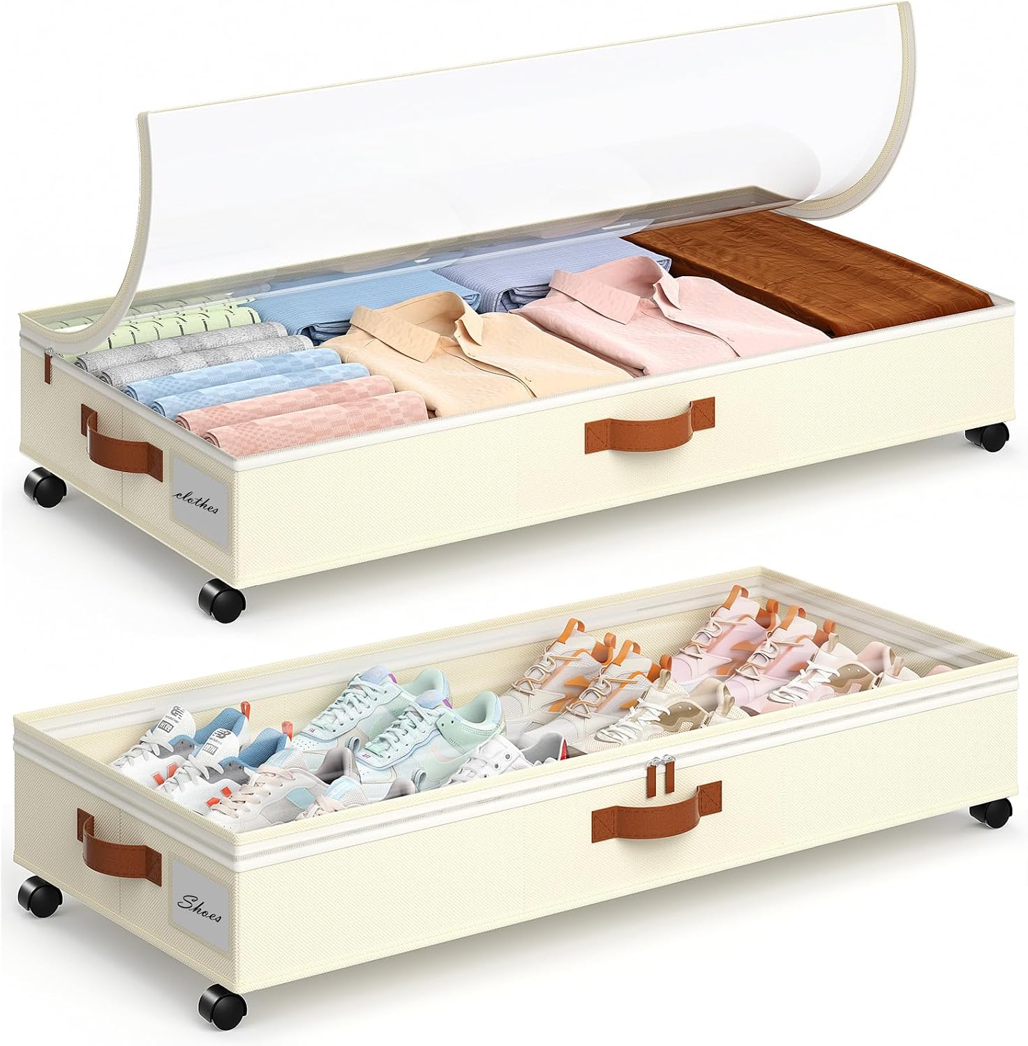 Yecaye Under Bed Storage with Wheels, 2 Pack Under Bed Storage Containers with Adjustable Dividers and Clear Window